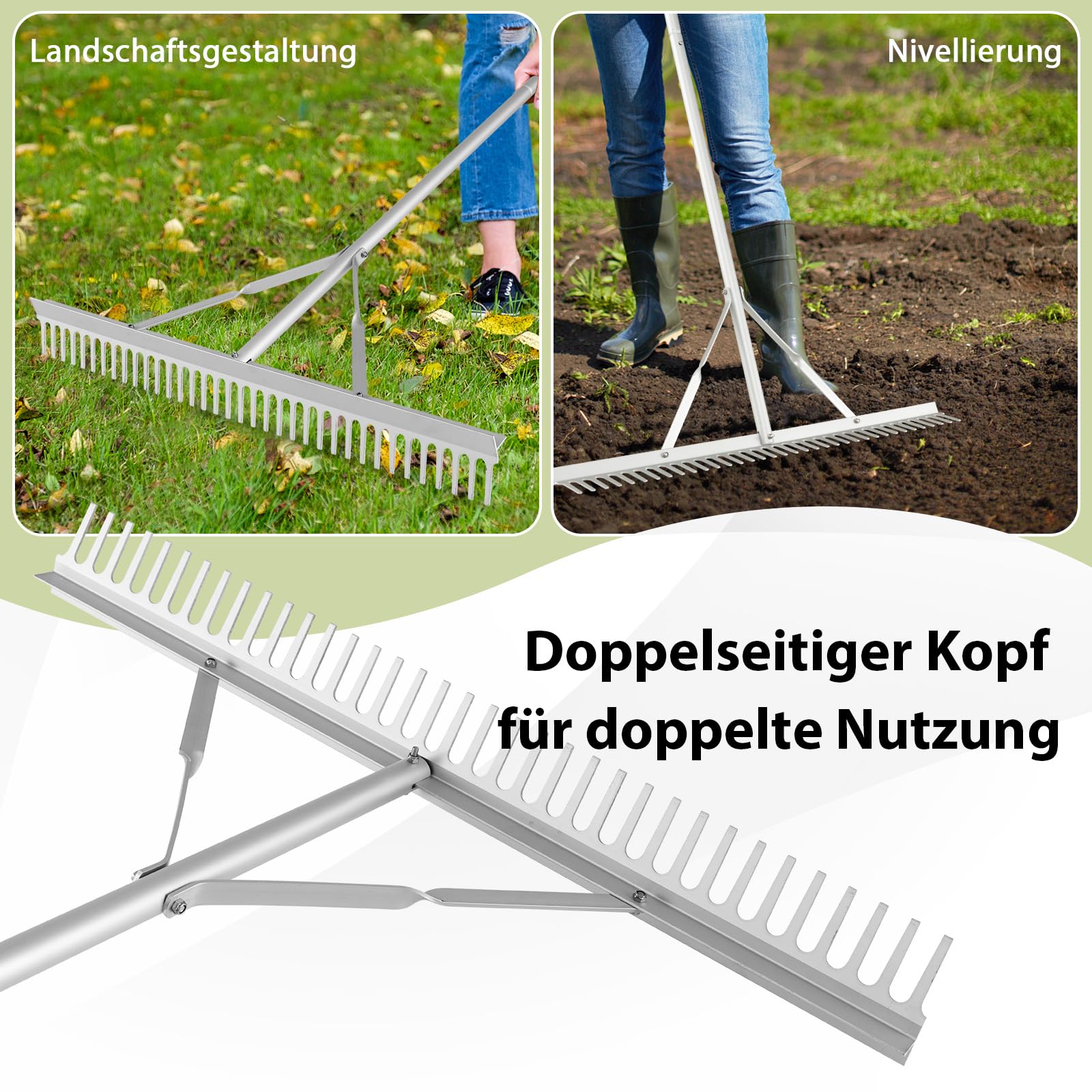 SOARS Rechen Aluminium, Gartenrechen mit 36 Zinken, 91 cm Breite & 174 cm Stiel, Gartenharke Laubrechen Rasenrechen Gartenwerkzeug für Rasenpflege, Landschaftspflege