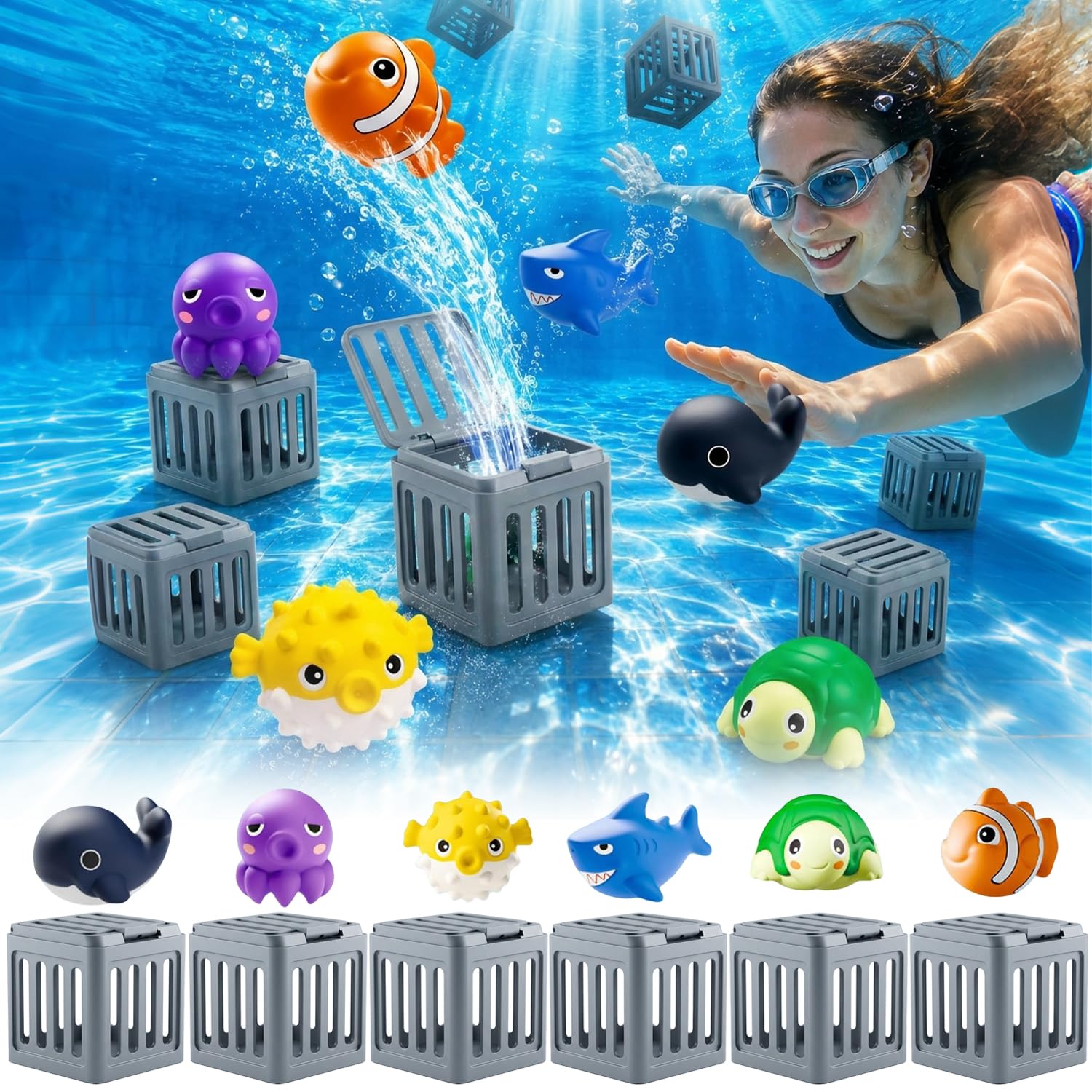 YeahBoom Underwater Dive Rescue Toys, Ensemble Flottants avec Animaux Et Cage sous, Marine Jeu Aquatique Interactif Natation Amusante pour Baignoire éTé Et Jeux ExtéRieurs