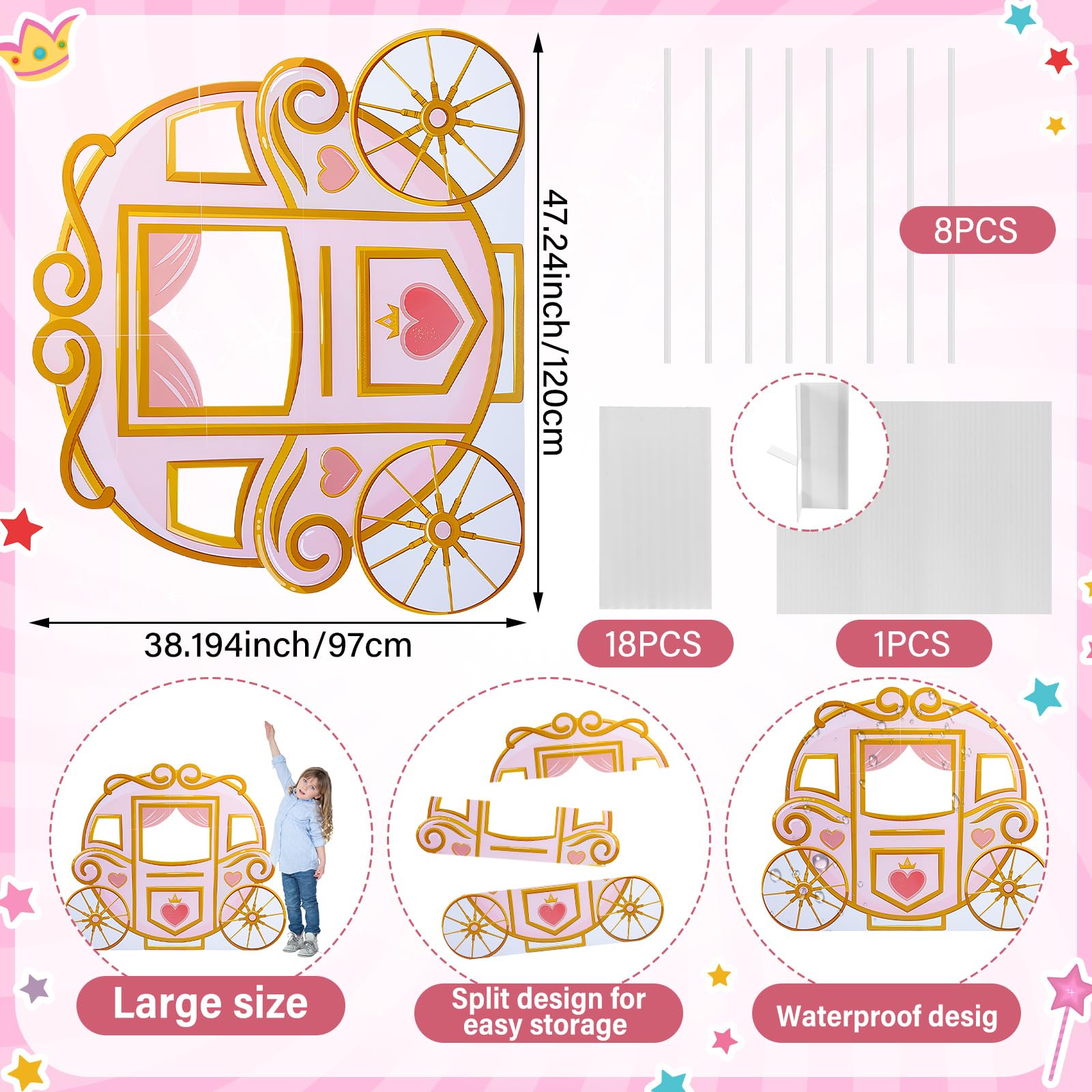Geelin 119,4 cm Prinzessin Kutsche Pappaufsteller Stand Up Rosa Prinzessin Geburtstag Party Dekoration Lebensgroße Fotokabinen Requisiten für Mädchen Themed Geburtstag Hintergrund Party Supplies