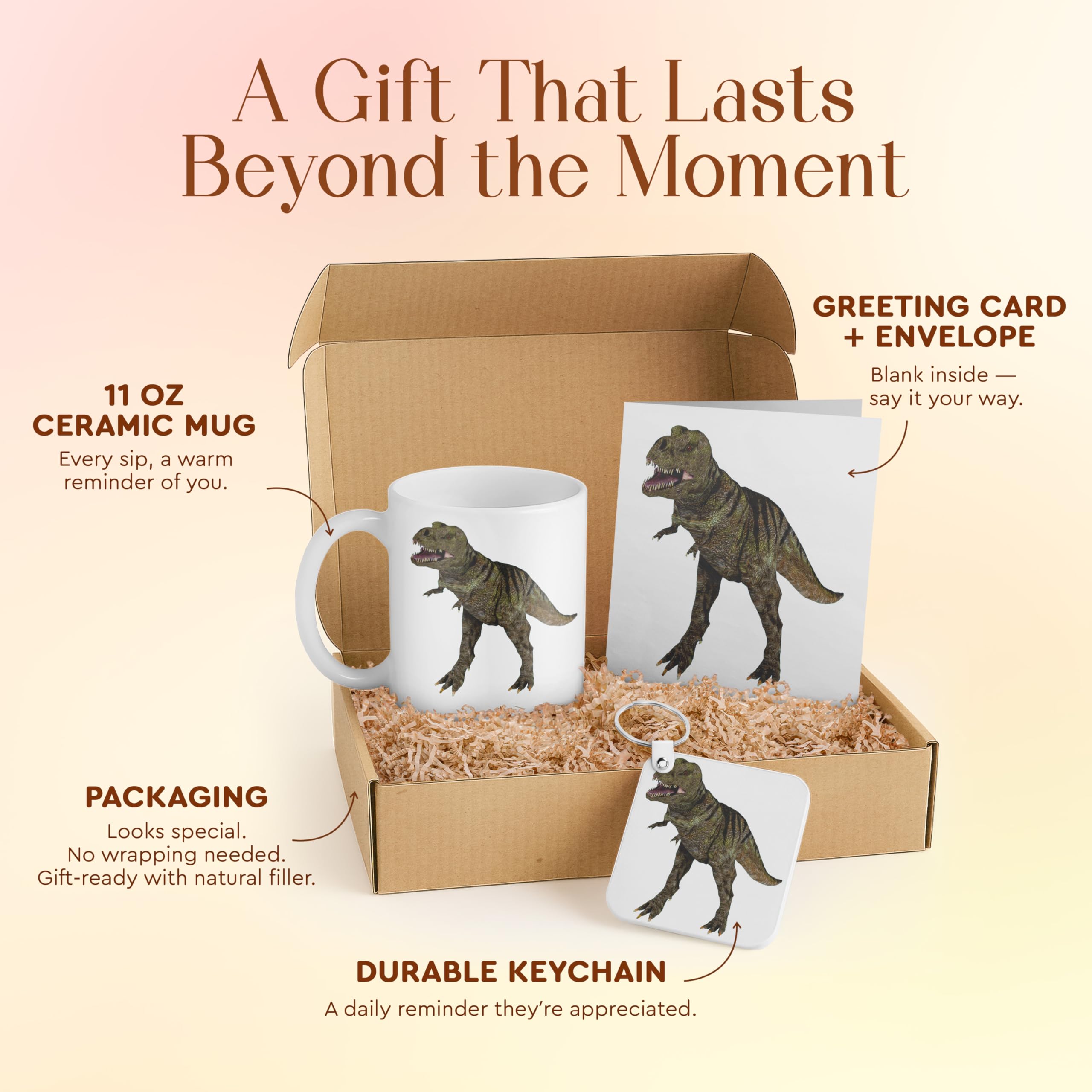 3dRose Tyrannosaurus Rex Gift Set for Dinosaur Lovers – Includes Mug, Keychain, and Card – Perfect for Kids and Holidays