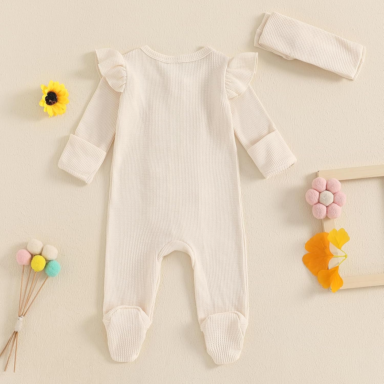 Newborn Baby Romper Infant Girl One-piece Outfit Waffle Ruffle Zip Footie Spring Summer Clothes With Bow Headband - Image 7