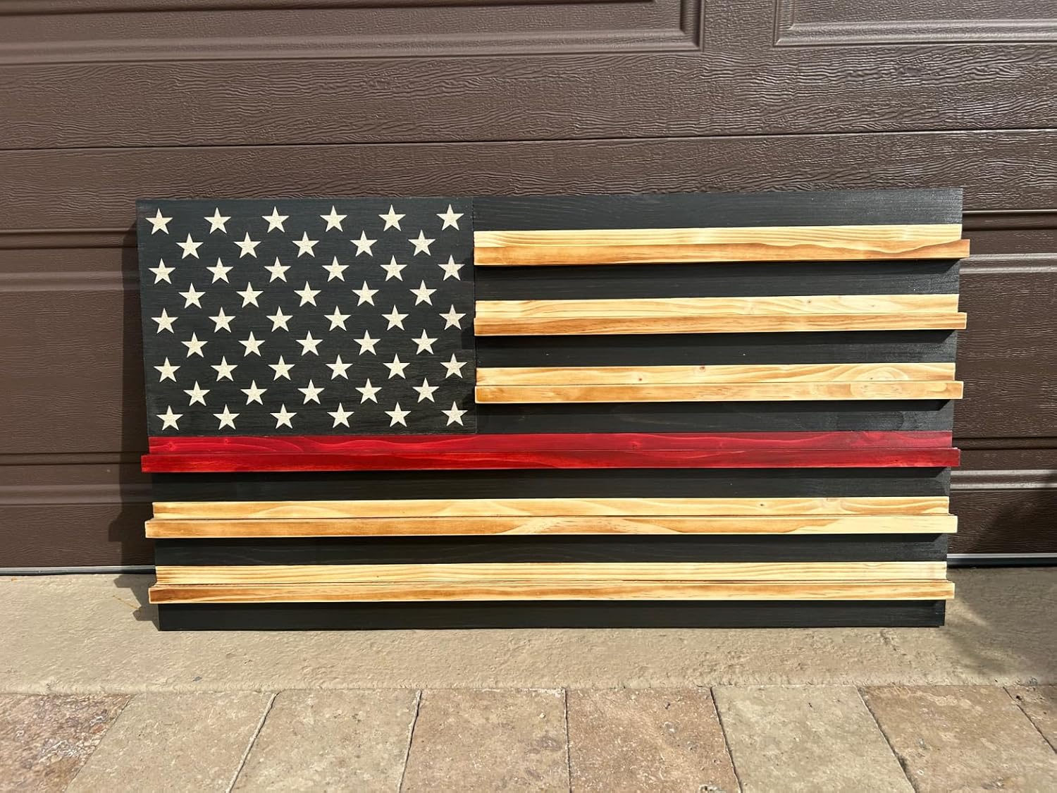 Rustic American Flag Challenge Coin Display for Heroes, Handcrafted Wooden American Flag Decor 37x19” - Made In The USA (Thin Red Line)