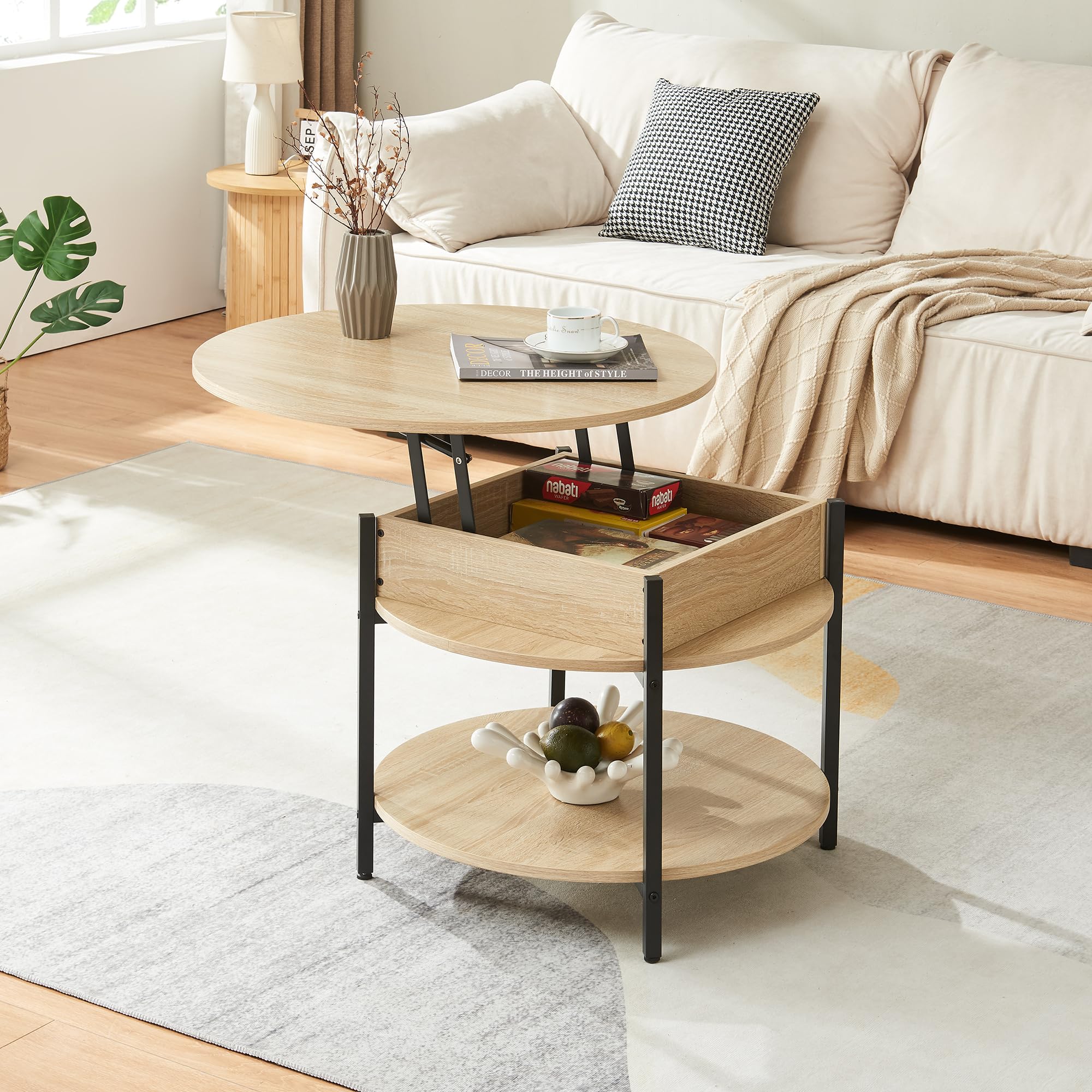 [en.casa] Mesa de Centro Kandas Mesa Baja Redonda con Tablero Elevable con Compartimento Interno y Estante Mueble Auxiliar Mesita para Salón 70 x 49 cm - Efecto Roble