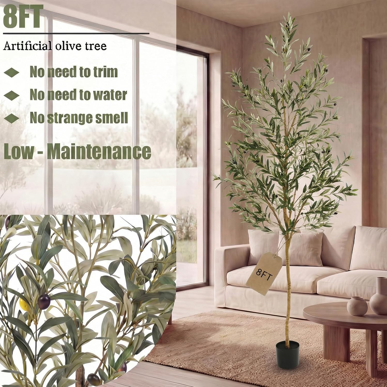 8FT Olive Trees Artificial Indoor,Fake Olive Tree with Natural Wood Trunk and Olive Branches and Lifelike Fruits,Faux Olive Tree for Home Office House Living Room Decor.