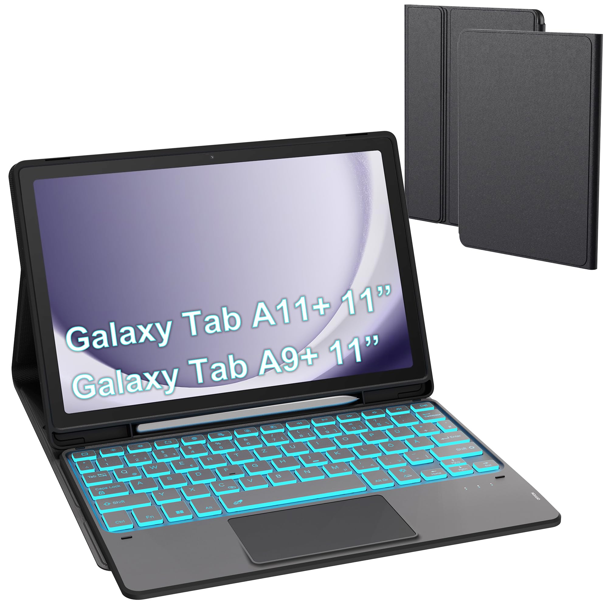 Für Galaxy Tab A9+/A11+ Hülle mit Tastatur - 7 Farben Beleuchtung Abnehmbare Trackpad Tablet Cover - Beleuchtete Deutsches QWERTZ Layout Tastatur mit Stifthalter für Samsung Tab A9 Plus/A11 Plus 11"