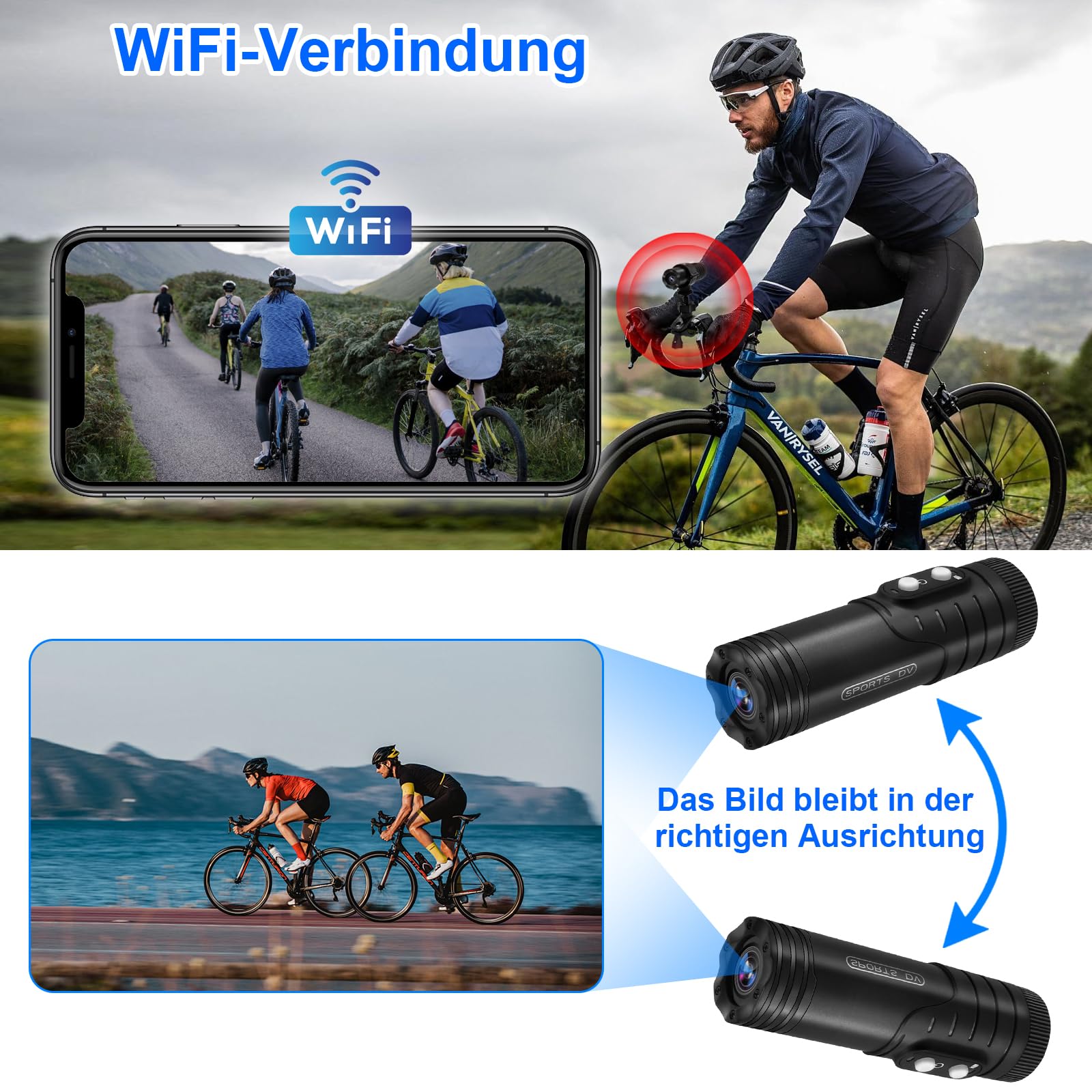 TANGMI Helmkamera, WiFi Action Cam, 1080P HD & 120° Weitwinkel Helmkamera Motorrad mit Automatischer Horizontausrichtung und Großem Akku für 7 Stunden