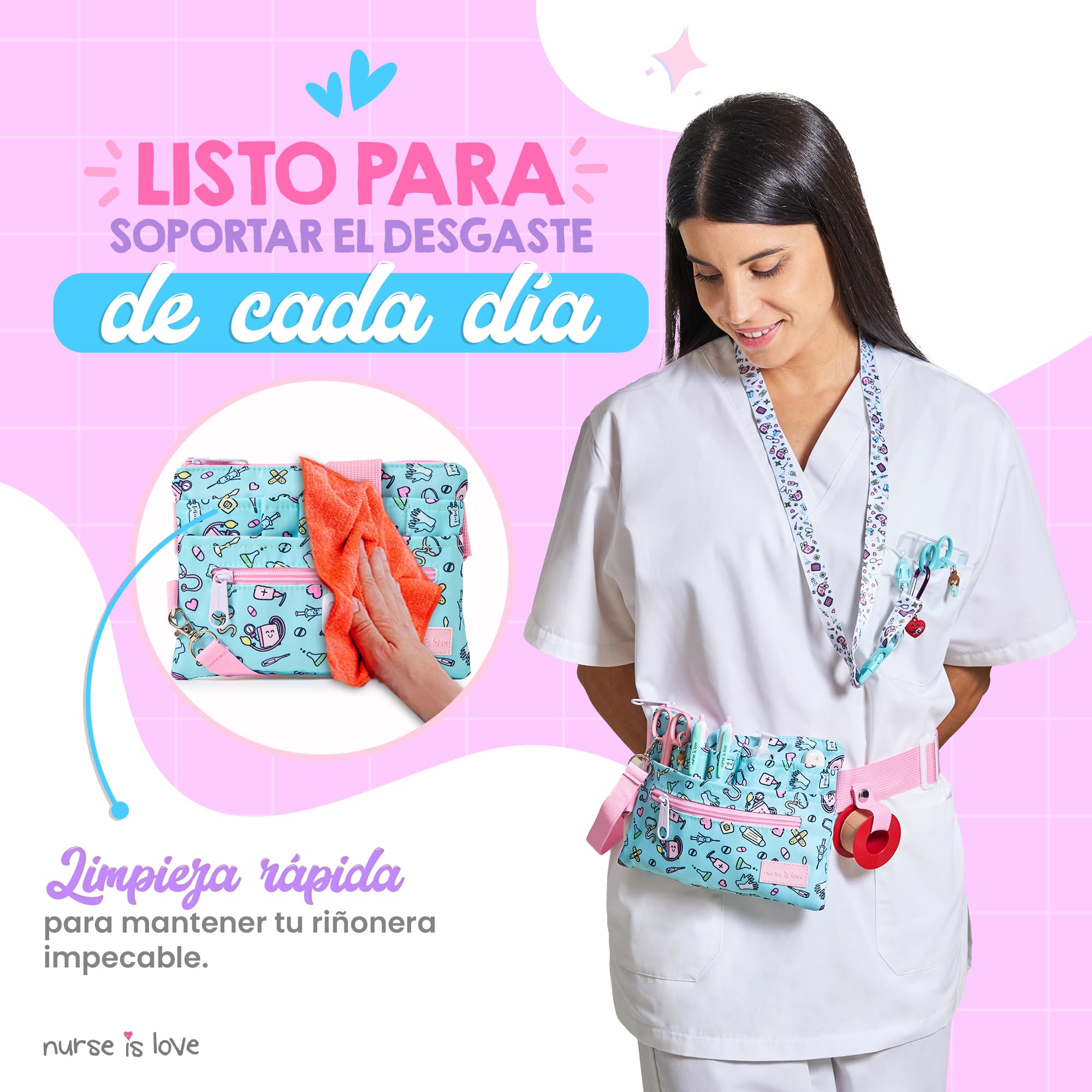 Nurse Is Love Riñonera Enfermera Aqua con Mosquetón | Organizador, Bolsa de Mujer Varios Bolsillos | Coloca Tijeras Enfermeria | Regalos Original | Tcae Accesorios