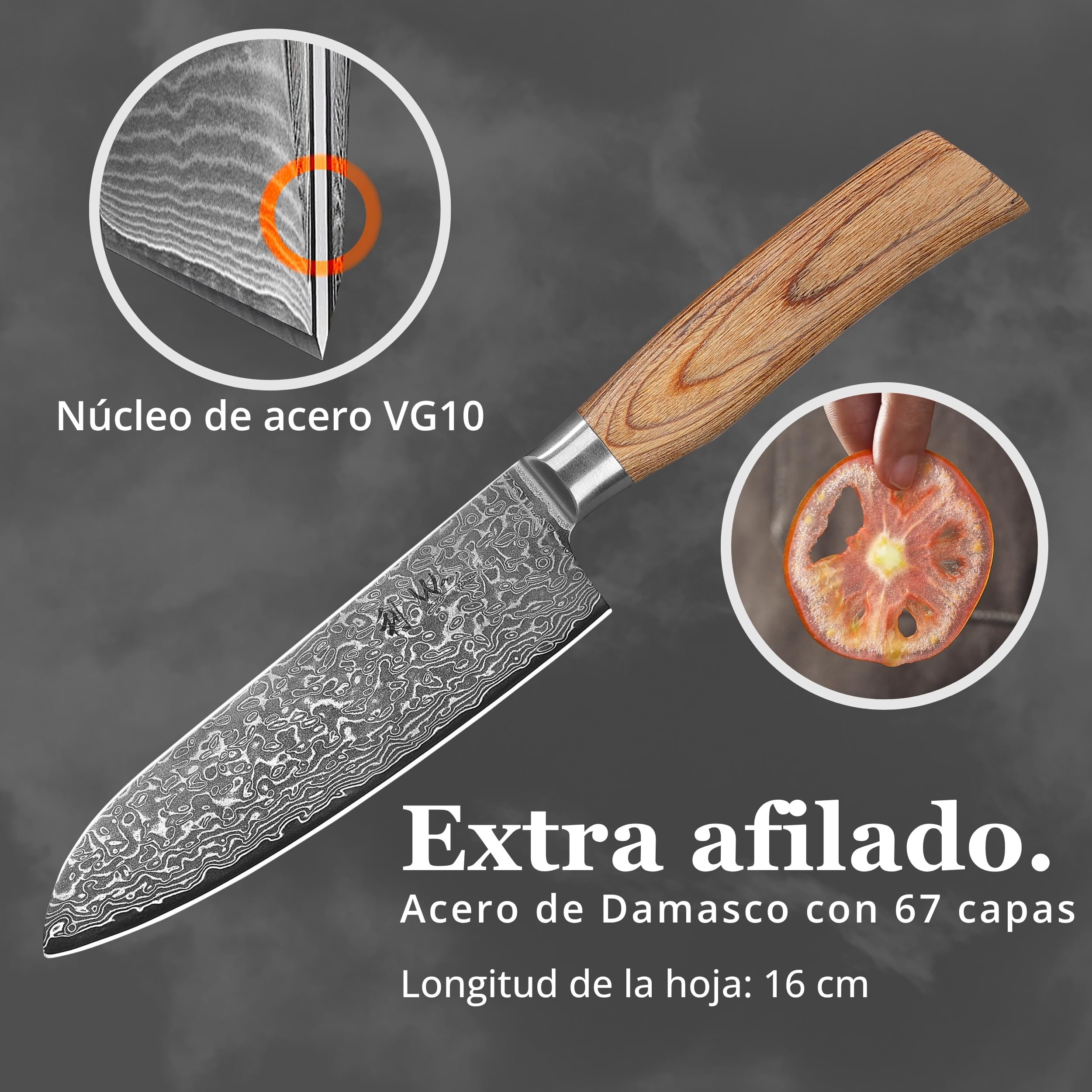 Wakoli EDIB Pro - cuchillo de damasco santoku de 16cm, hoja muy afilada de 67 capas, cuchillo de cocina de damasco y de chef profesional de acero de damasco auténtico con mango de madera de pakka