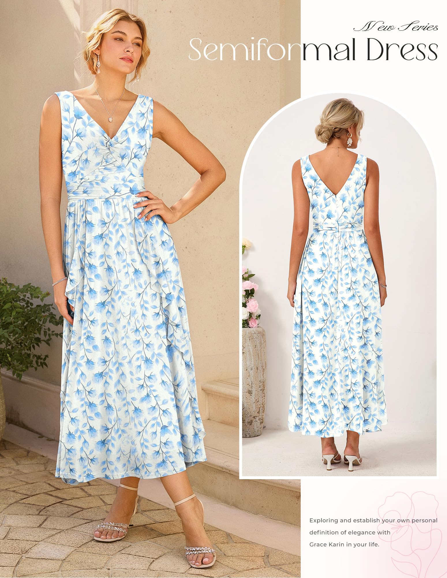 GRACE KARIN Vestido de verano sin mangas con cuello en V para mujer, cintura fruncida y dobladillo con volantes