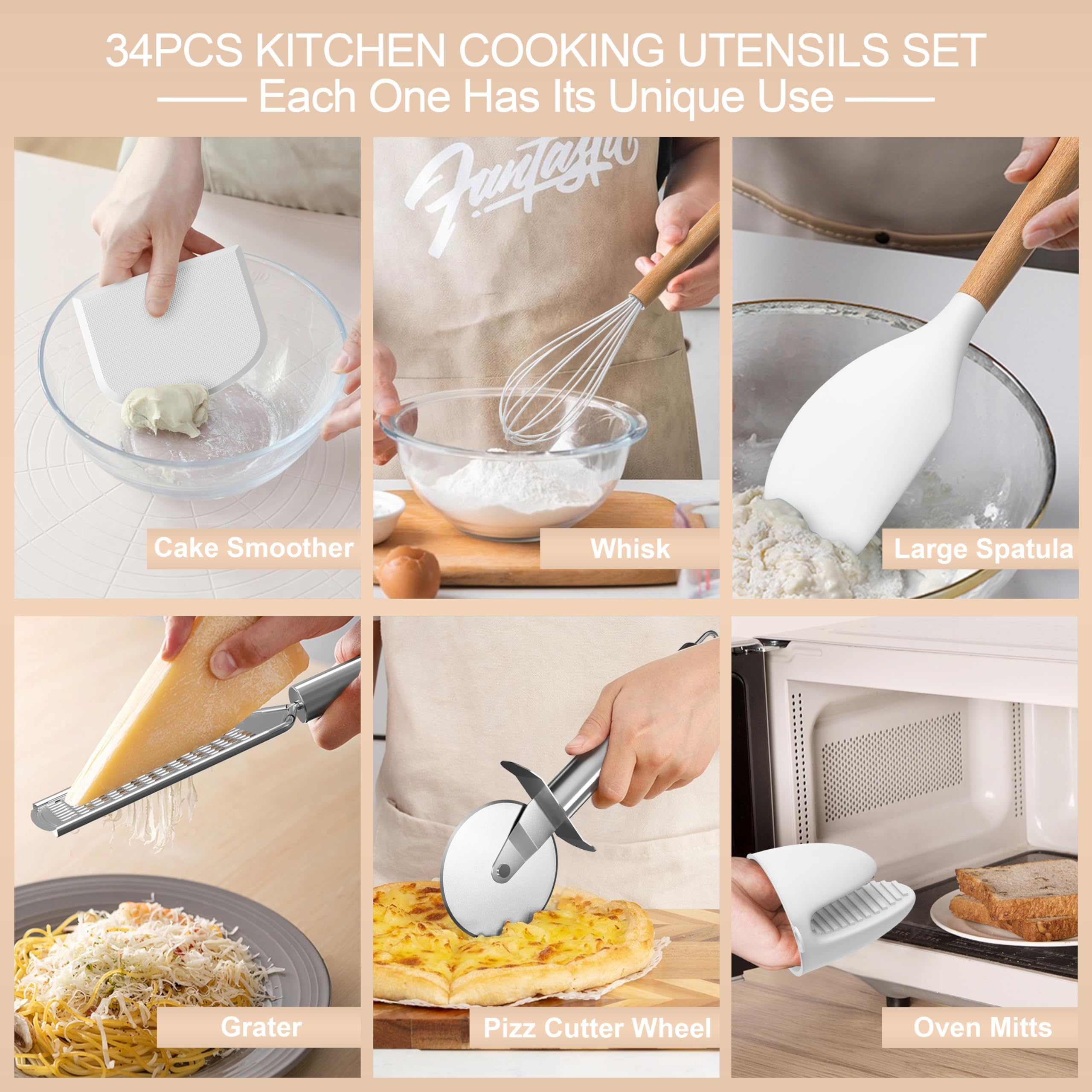 Set di utensili da cucina in silicone, 43 spatole antiaderenti resistenti al calore, con manico in legno per cuocere, cucinare e miscelare, i migliori strumenti da cucina con supporto (bianco)