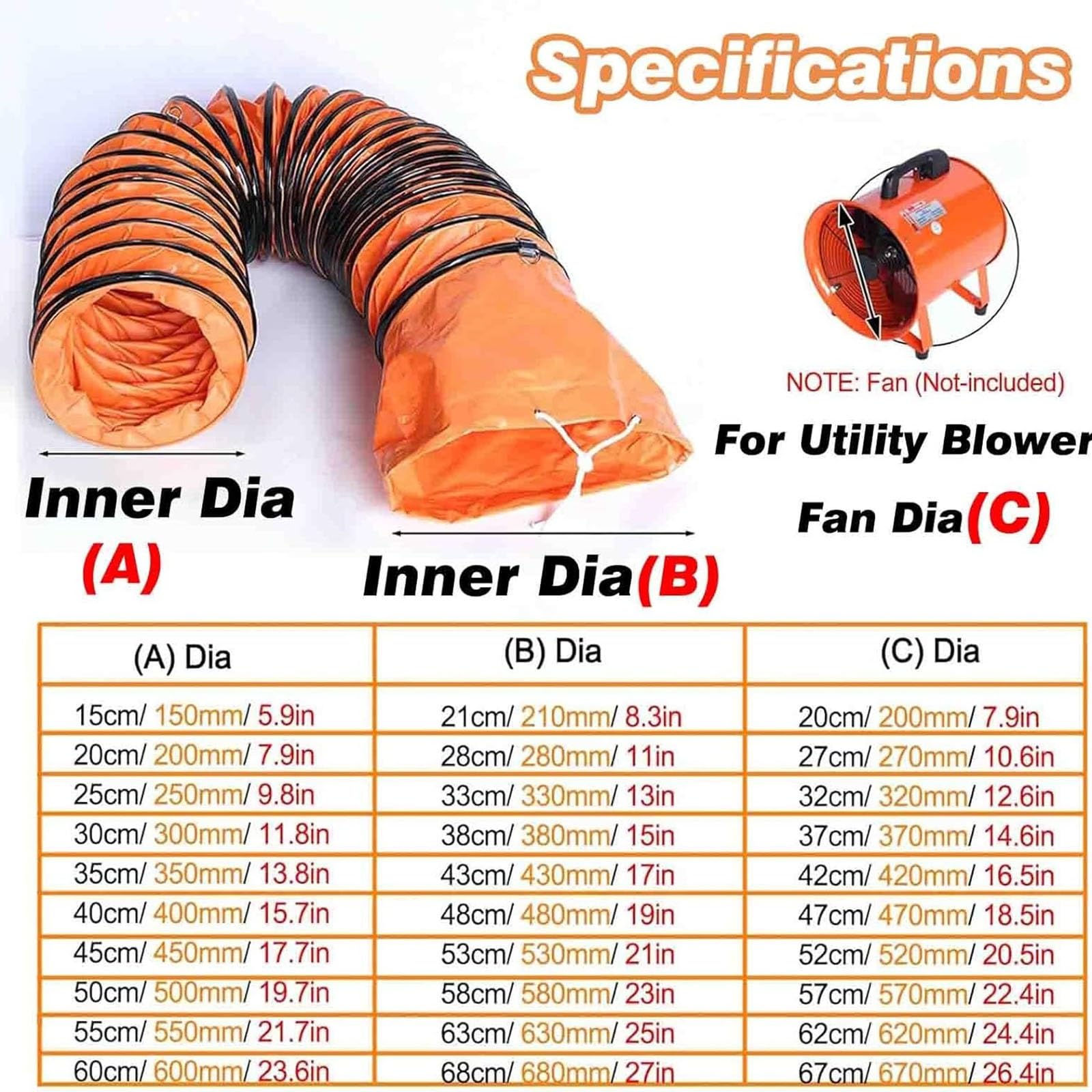 Manguera de conducto de ventilador extractor, conducto flexible de HVAC para conductos de aire, ideal para aplicaciones de sótano, baño y ático, longitud de 1,83 m, diámetro de 20 cm