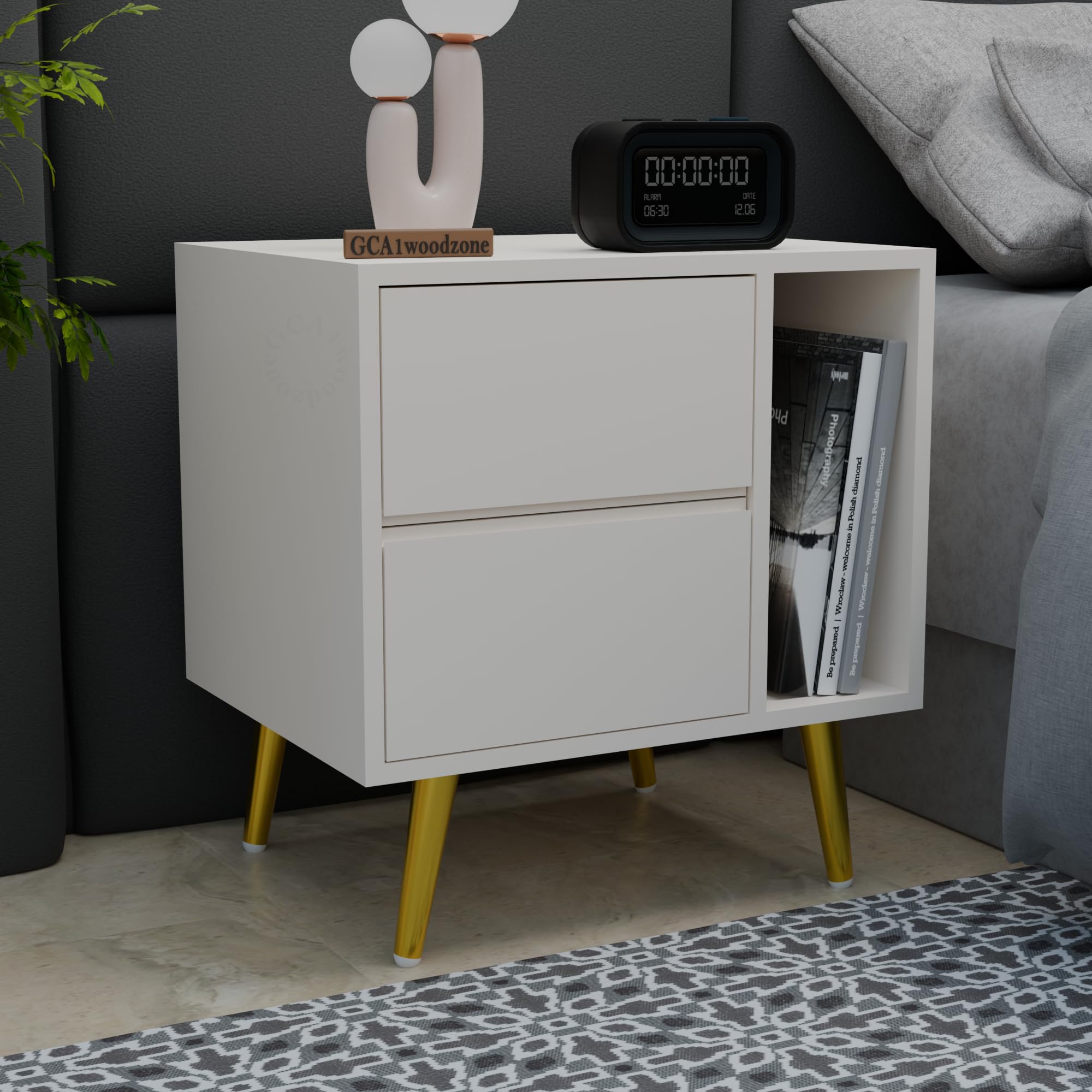 Wooden Solid Bedside Table for Bedroom | Wooden Bed Side Nightstand Lamp Table with 2 Drawers & Open Shelf Storage for Home & Hotels | HDMR Wood & Iron Legs, White-image-16