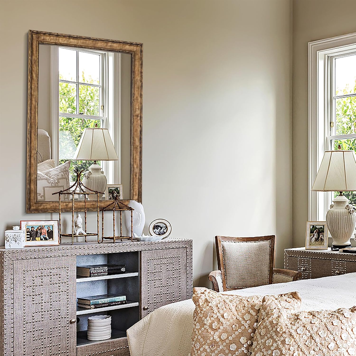 Vintage Wall Mirror, 41"x29" Rectangular Natural Wooden Framed Mirror for Bathroom, Decorative Wall Mirrors for Entryway, Dining Room, Fireplace, Vertical or Horizontal Hanging