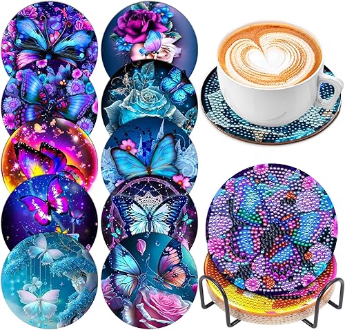 SOEWIOU 10 posavasos de pintura de diamante de mariposa con soporte, kits de pintura de diamantes de flores para principiantes, adultos y niños, disponible en Yaxa Colombia