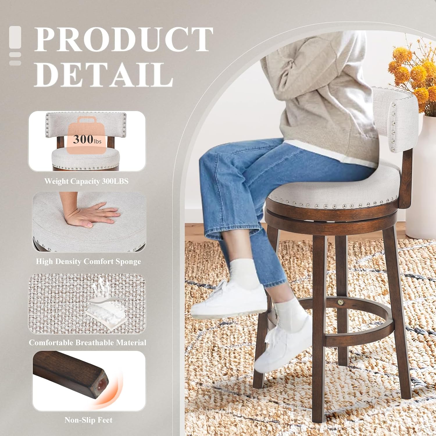 Close-up details of the COLAMY bar stool showing high-density comfort sponge, comfortable breathable material, and non-slip feet.