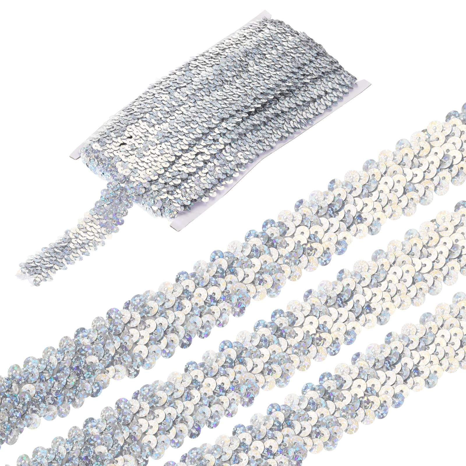 sourcing map 5 Yards 1.2 Inch Elastic Sequins Trim 3 Row Flat Sequin Strip Paillette Fabric Ribbon for Crafts DIY Fringe Sewing Costume Dress, Laser Silver