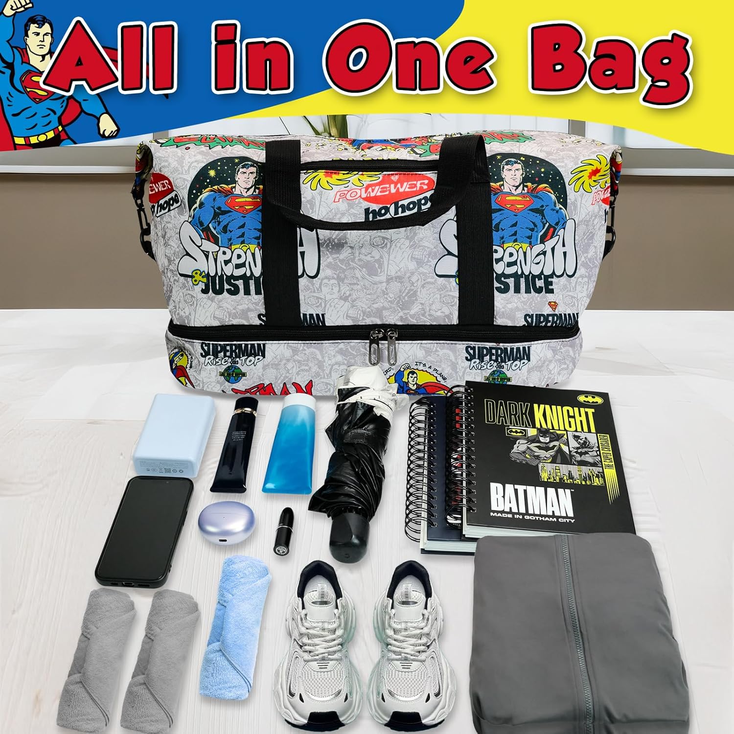 SupermanTravel Duffle Bag - Super Hero Weekend Overnight Bag with Shoulder Strap, Sports Duffel Carry-On Tote, Comic Style Travel Bag with Shoe Compartment and Wet/Dry Pocket for Men, Teens & Fans - Image 2