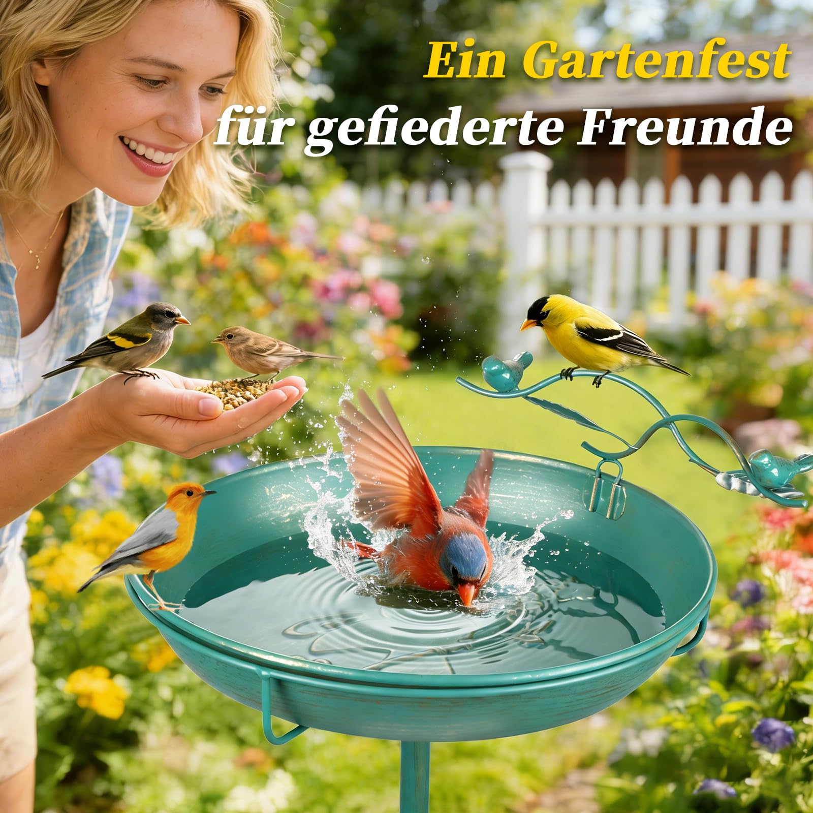 Mellbree Stehende Vogeltränke mit Reinigender Kupferplatte, seeblaues Metall-Vogelbad mit Goldener Dekor-Kupferplatte, Ästhetisch & langlebig und lockt zahlreiche Vogelarten an.