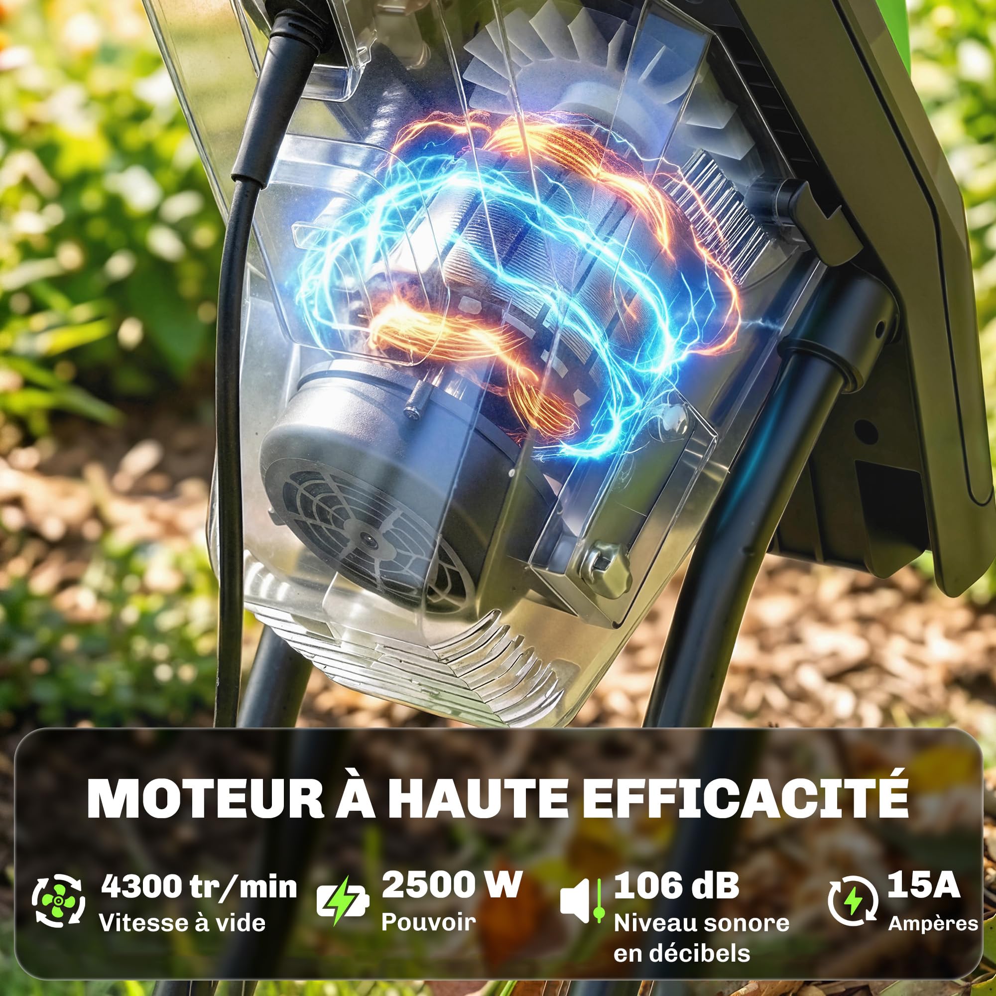 Outsunny Broyeur de Végétaux Électrique 2500 W, Sac de Collecte 45L, 4300 tr/min, 2 Lames en Acier, Poussoir, Roues, Broyeur de Branches pour Coupe de Branches 44mm, Vert