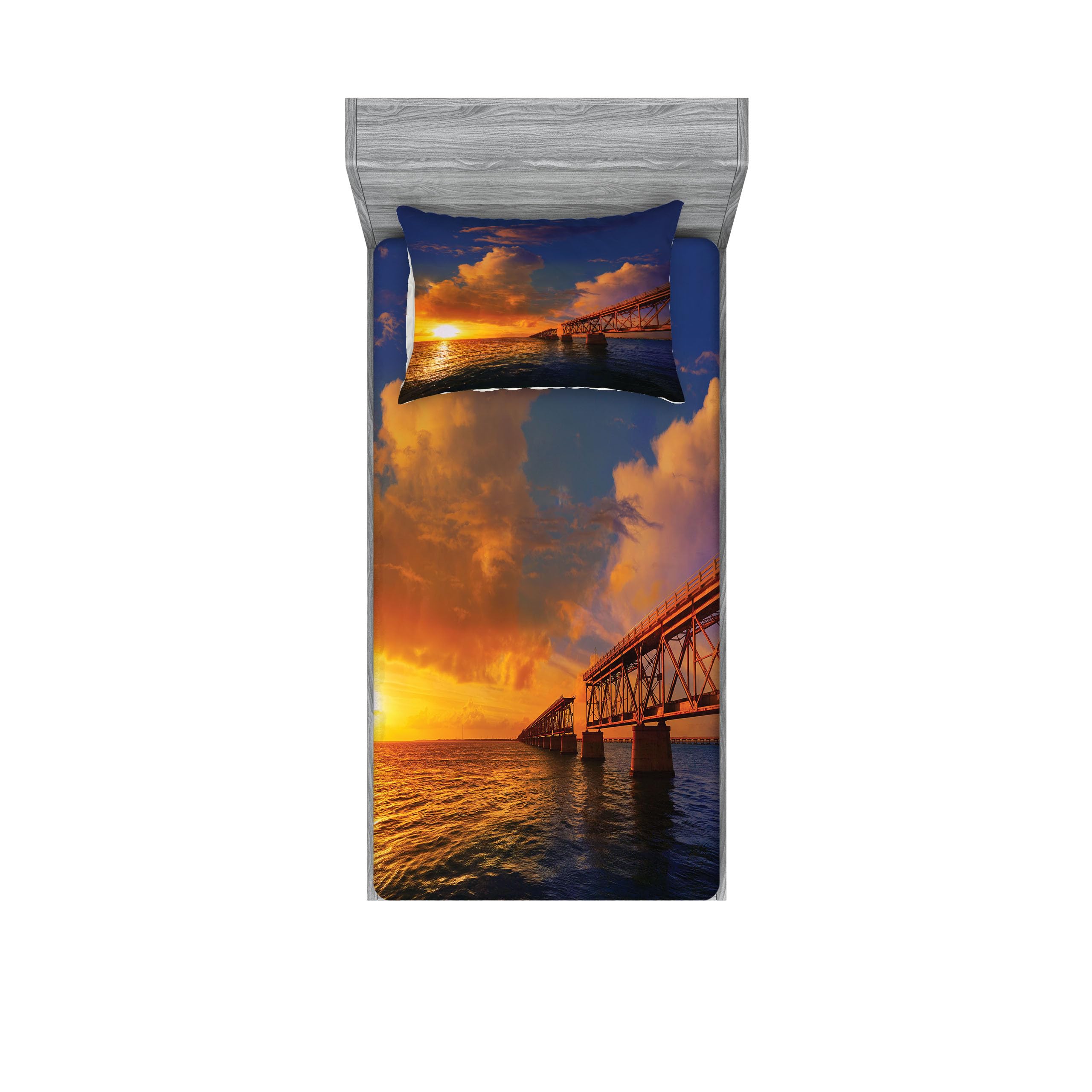 Ambesonne Landscape Fitted Sheet & Pillow Sham Set, Florida Keys Old Bridge Sunset at Bahia Honda Park USA Cloudscape Picture Print, Decorative Printed 2 Piece Bedding Decor Set, Twin, Orange Blue