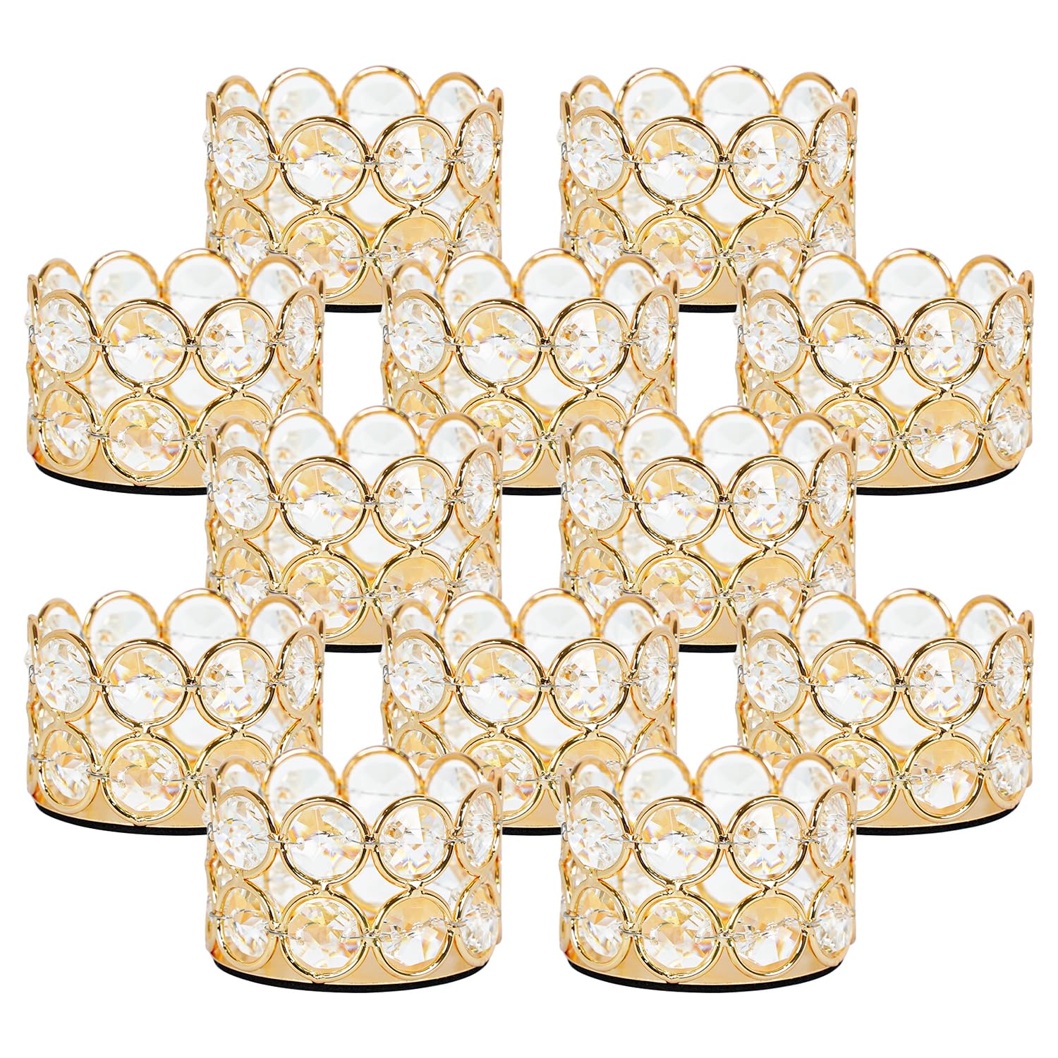 VINCIGANT Pack of 12 Gold Crystal Tea Light Candle Holders for Wedding Home Table Centerpiece Decoration, Valentine's Day Gifts (Candle Excluded)
