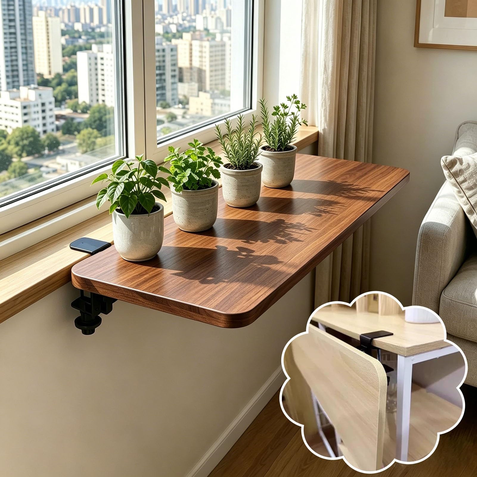 WhamtL Window Sill Extender Folding Window Sill Plant Shelf for Herbs / Potted Plants, No Drill Clamp Window Ledge Extender, Table Wrist Rest Support Extender Tray(Walnut,60x20cm(23.6x7.9in))