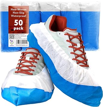 أغطية أحذية AMZ Medical Supply يمكن التخلص منها للداخل، مقاس 6 x 15 بوصة. عبوة من 50 غطاء حذاء أبيض أزرق غير قابل للانزلاق للاستخدام مرة واحدة. أغطية أحذية CPE للرجال. حذاء نسائي ذو طبقة مزدوجة من الأسفل