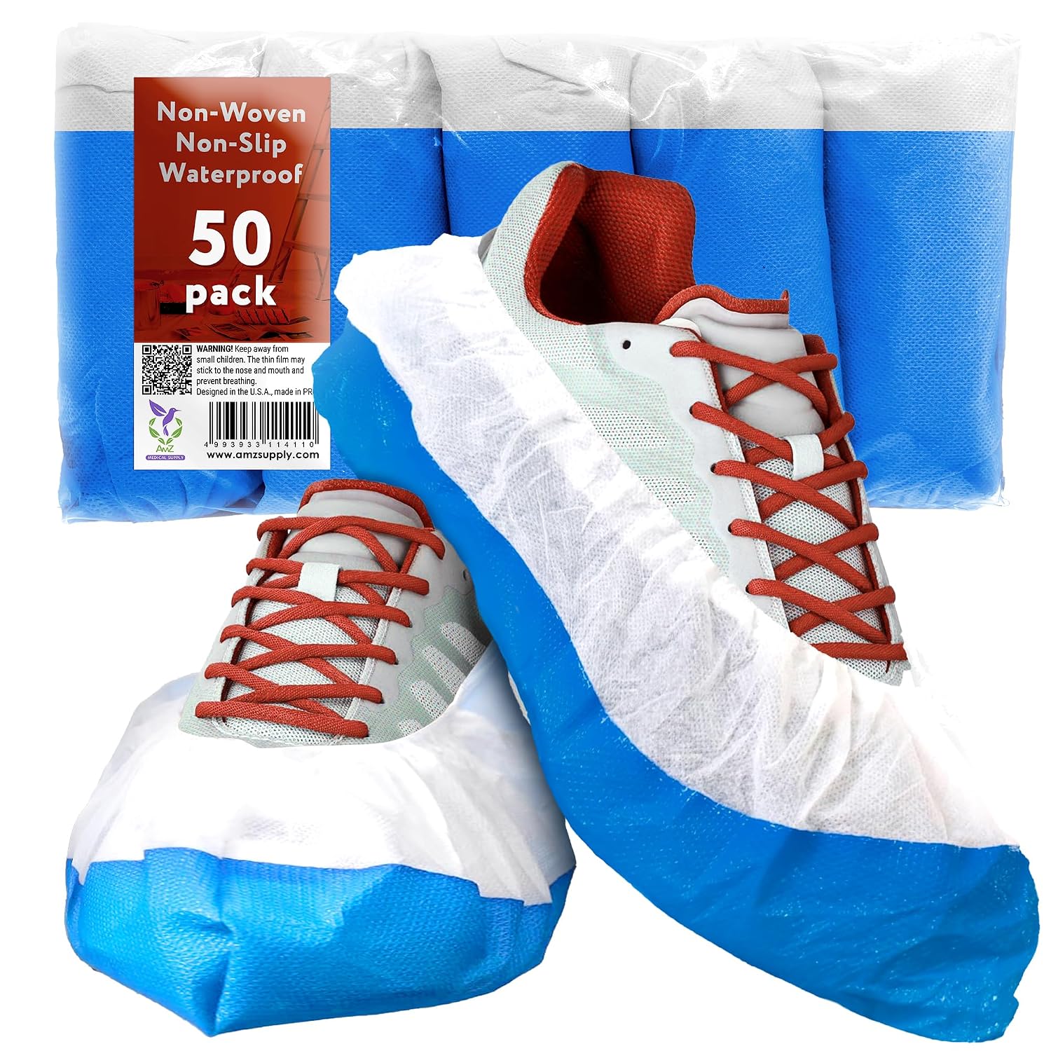 AMZ Medical Supply Disposable Shoe Covers for Indoors, 6 x 15 Inches. Pack of 50 White Blue Shoe Covers Disposable Non Sli...