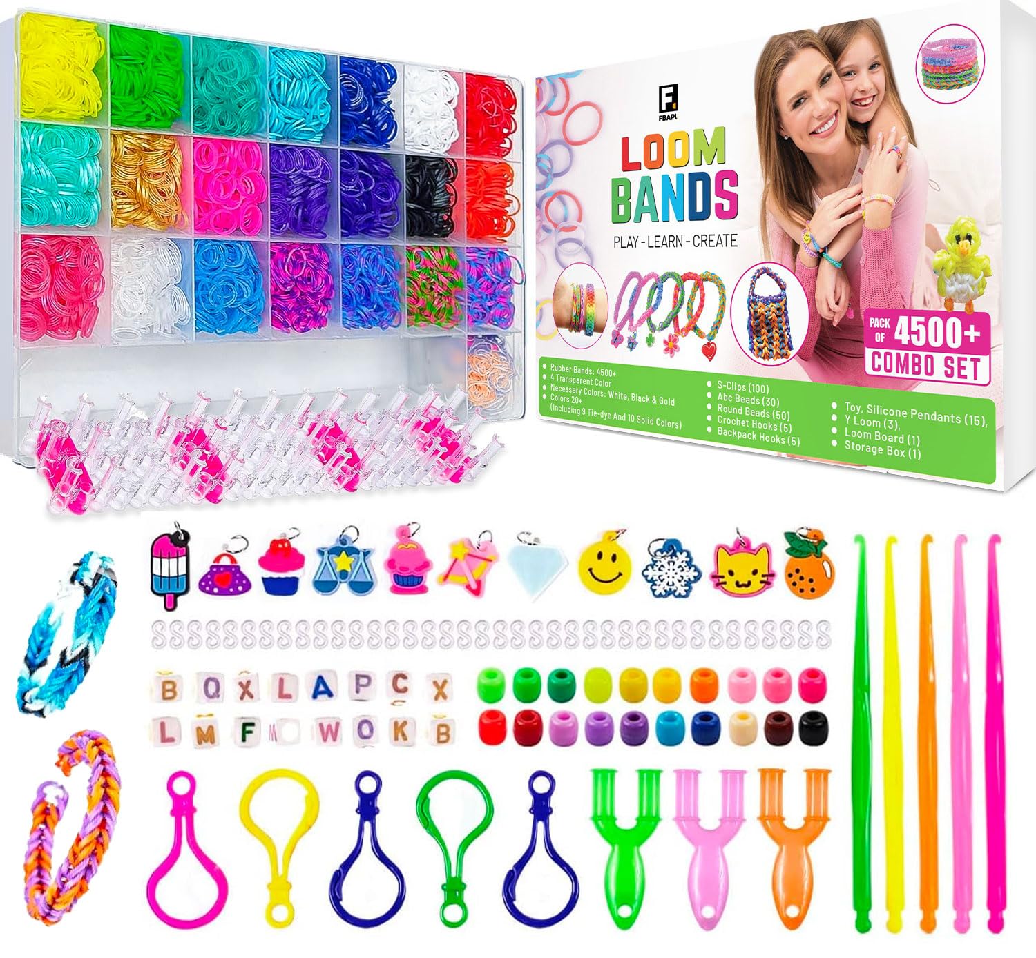 FBAPL™ Loom Bands Starter Kit Board, Friendship Bracelet Kit for Girls and Boys. Includes Charm Beads Refill Loom Band Set S Clips Pendants with Storage Box (4500+)