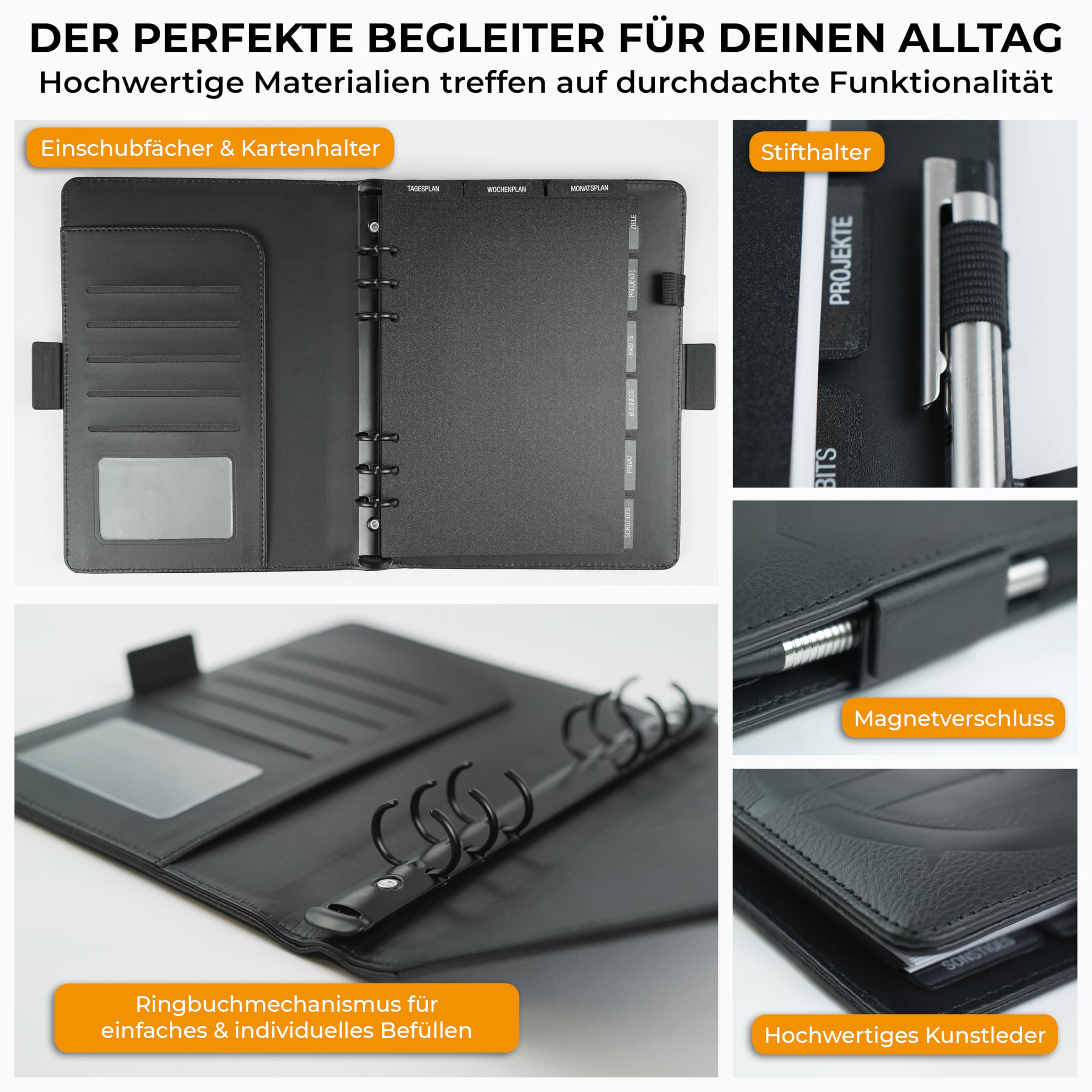 KOMPASS® Ringbuch A5 Nachfüllbar | Stell dir deinen eigenen Planer zusammen | To-Do-Planer, Wochenplaner, Terminplaner, Kalender, Journaling, Bullet Journal (Schwarz, Planer-Set - Starter)