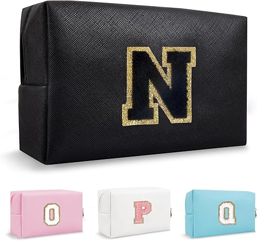 Bolsa de maquillaje preppy inicial personalizada Pequeña bolsa de carta de chenilla de viaje linda, Negro -, Moda