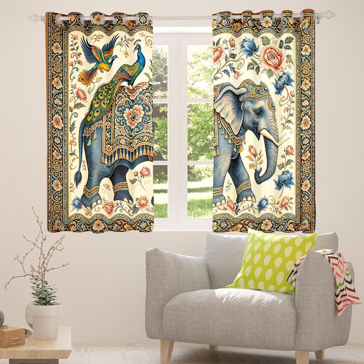 Zasłony okienne w stylu boho, słoń, dla dorosłych i dzieci, rozmiar XL, etniczne pawie, kwiaty, dobre zasłony zaciemniające, egzotyczny styl Azji Południowo-Wschodniej, zestaw 2 sztuk, 245
