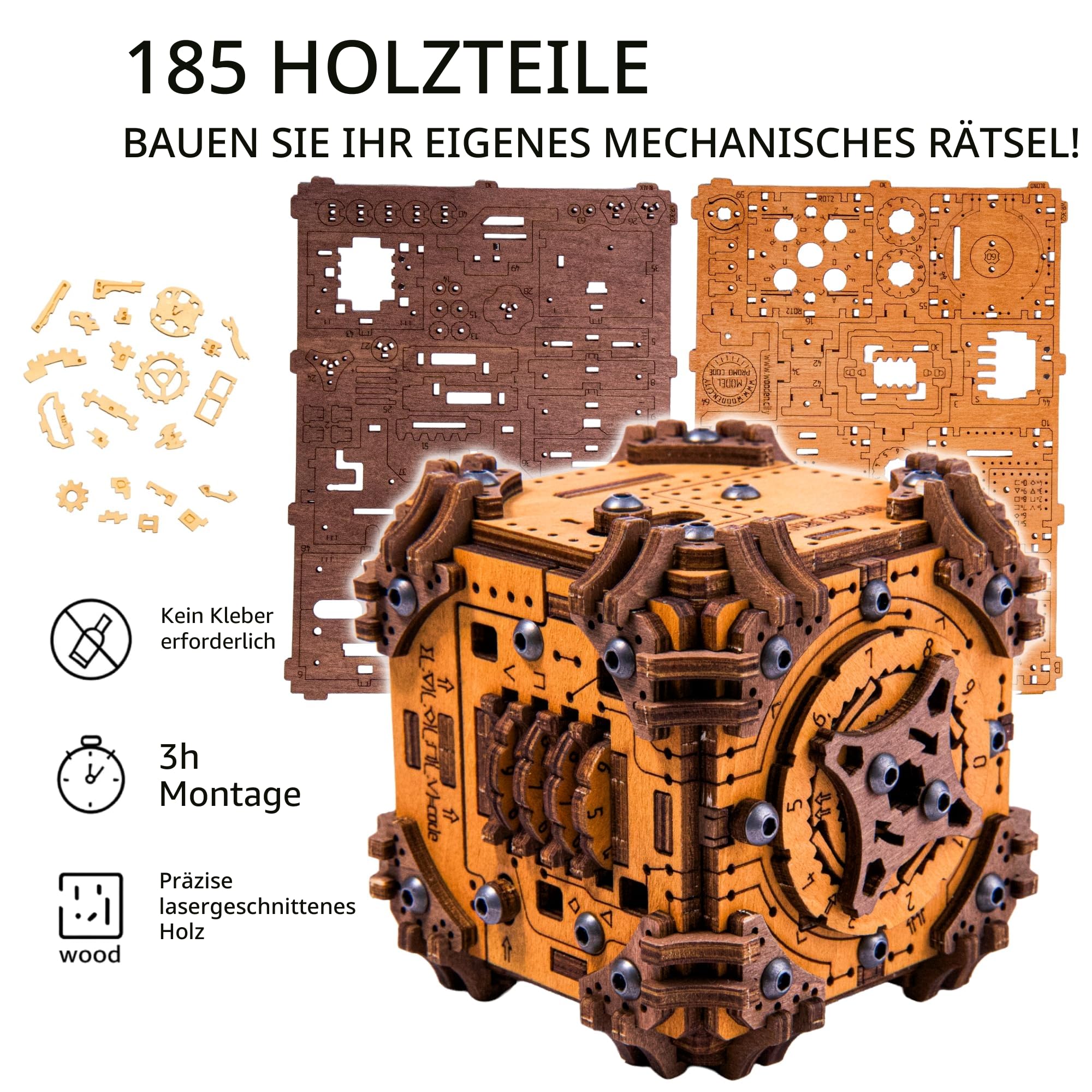 WOODEN.CITY Tesseract Holz Puzzle Box für Erwachsene – 3D Holzpuzzle Bausatz | Escape Room in a Box | Mechanisches Denkspiel | Gehirnjogging Geschenk für Männer & Frauen | 185 Teile