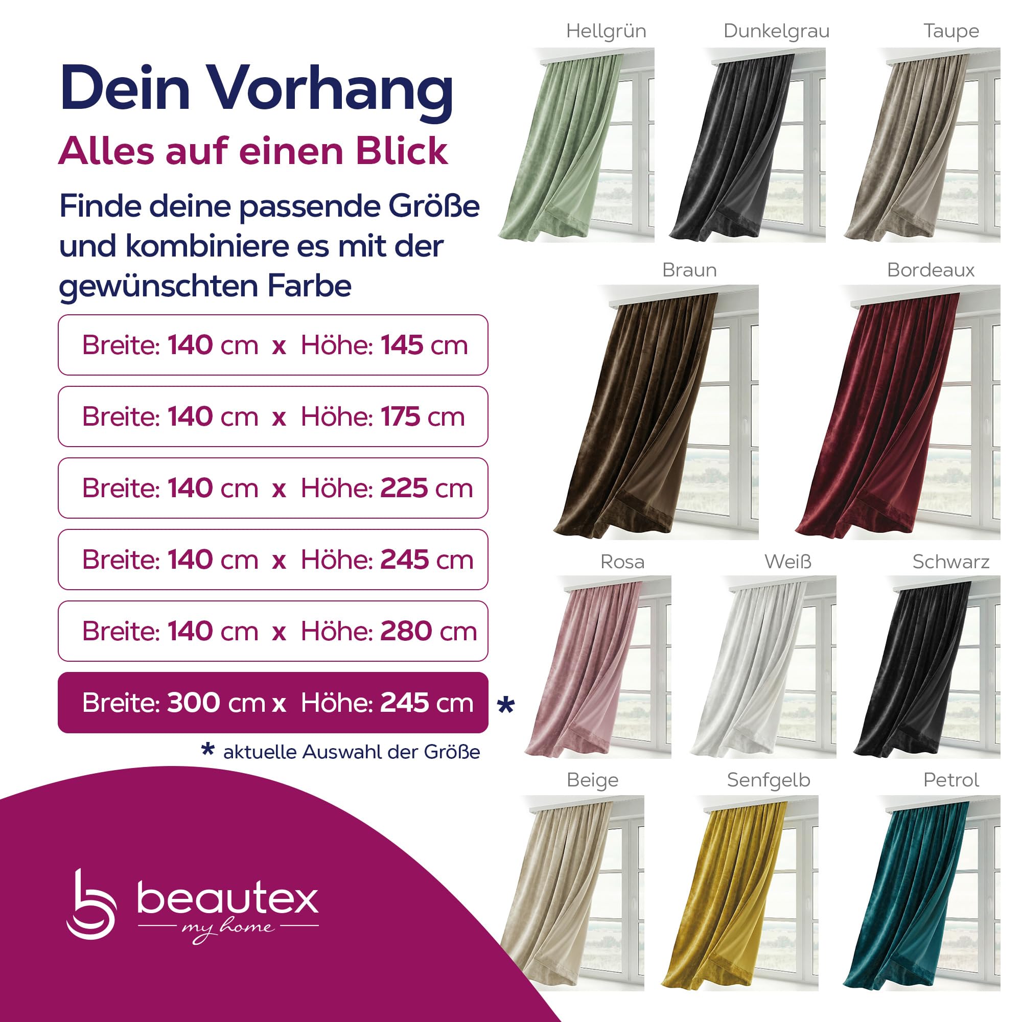 BEAUTEX Cortina de terciopelo con cinta fruncidora en U, opaca, 300 x 245 cm (ancho 300 cm, alto 245 cm, verde claro)