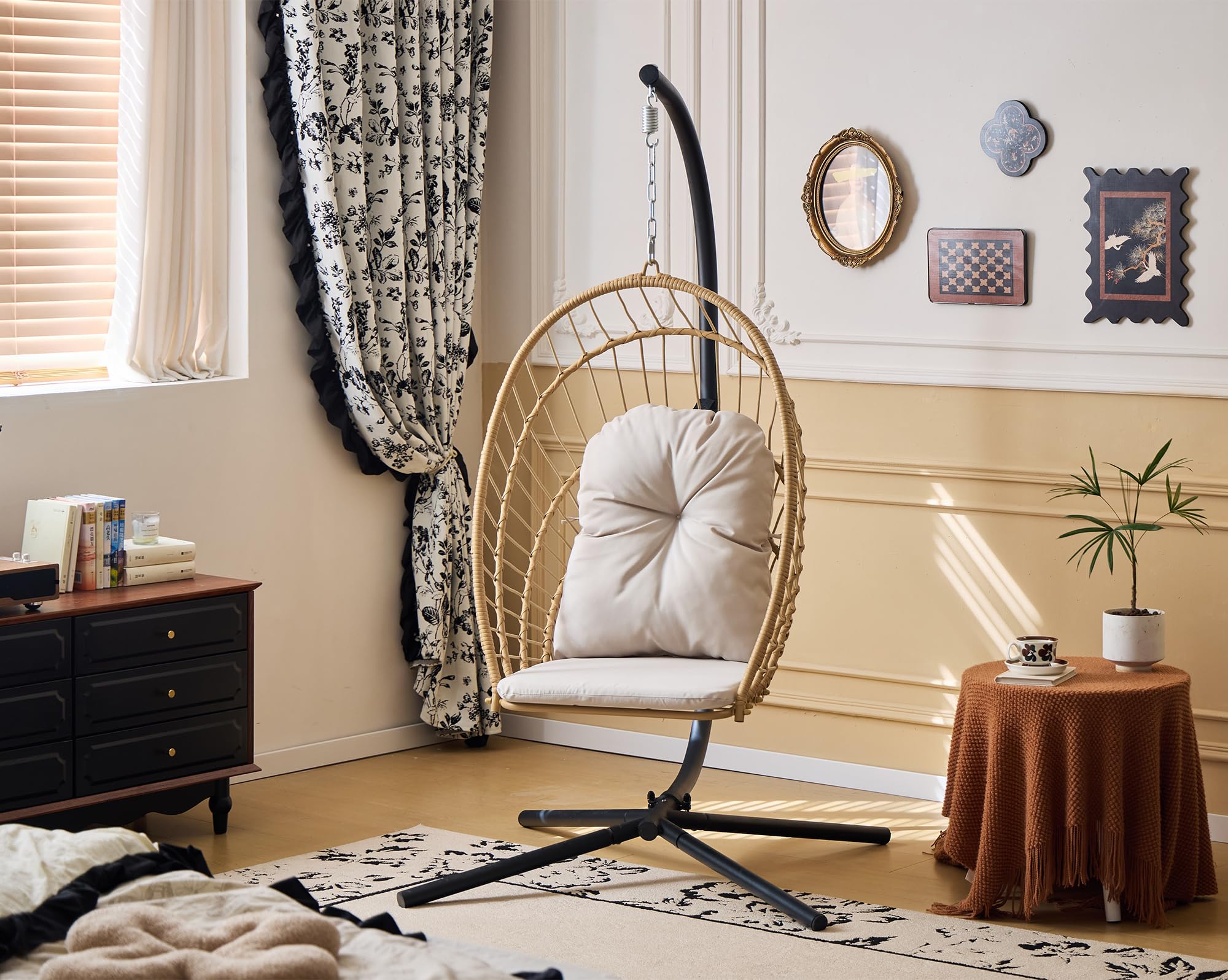 Indoor/Outdoor Egg Hanging Chair with Stand - Patio Wicker Swing Hammock Chair. 350lbs Capacity, Cushioned. Ideal for Bedroom, Balcony, Porch, Garden. Versatile Swing Chair for All Spaces
