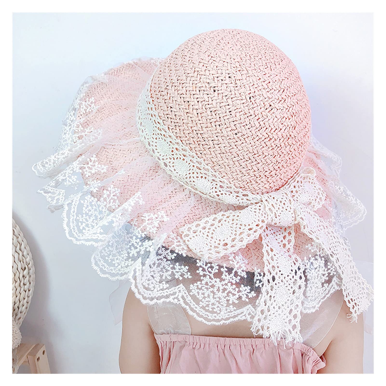 Sombrero de Verano para niños, Ventilador literario, Sombrero de Paja de Encaje para niñas, Sombrero de Paja Transpirable de Verano con Lazo Grande para bebés (Rosa M 2 6Y)