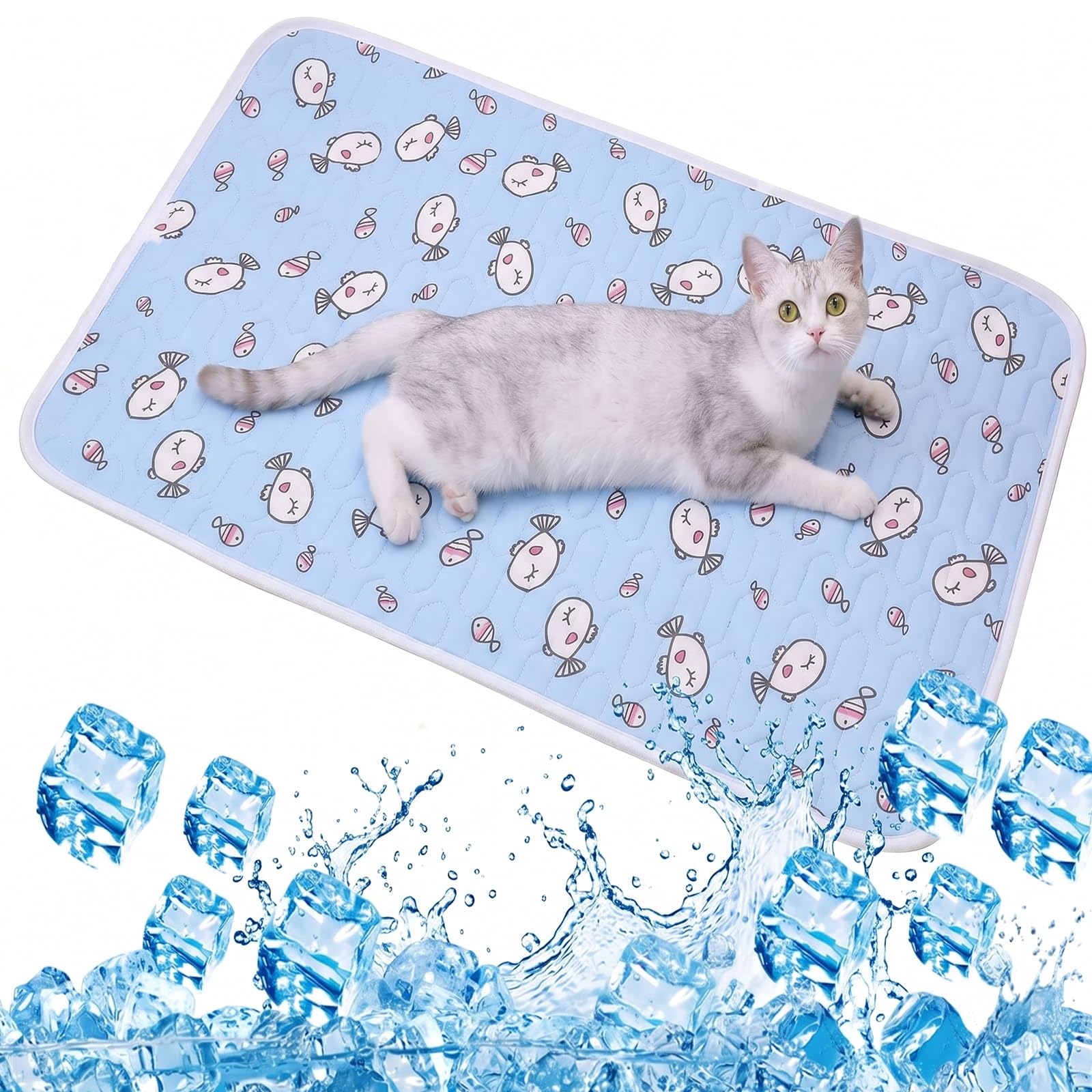 Alfombrilla Refrescante para Perros y Gatos, Manta Fría de Látex para Verano con Diseño de Peces Azules, Cama Refrescante Perro Pequeño y Mascotas hasta 6kg, Esterilla Transpirable, 50x40cm