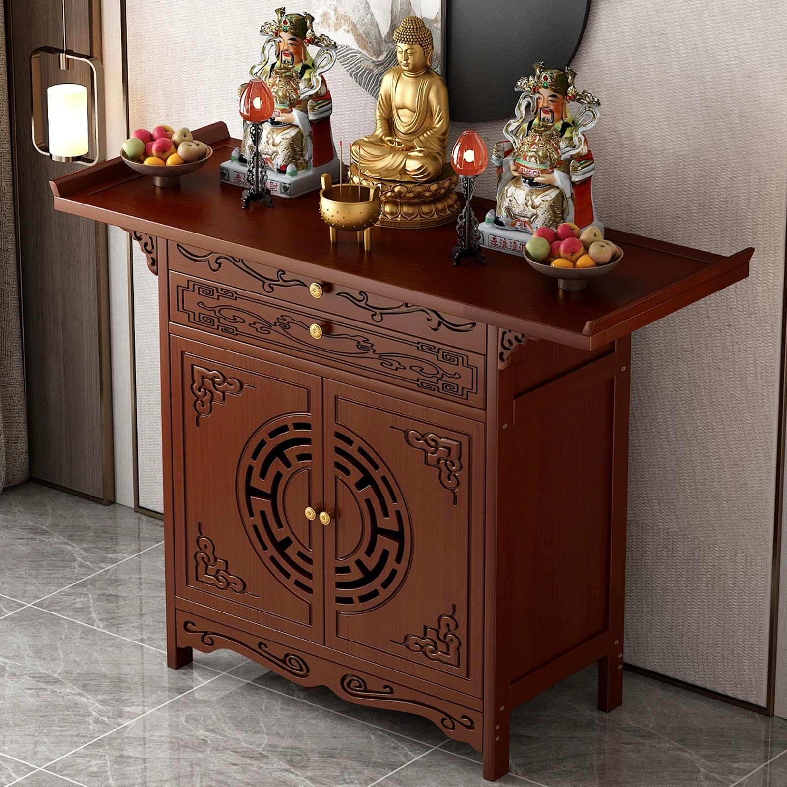 Table d'autel de méditation en bambou rouge 120 cm avec rangement