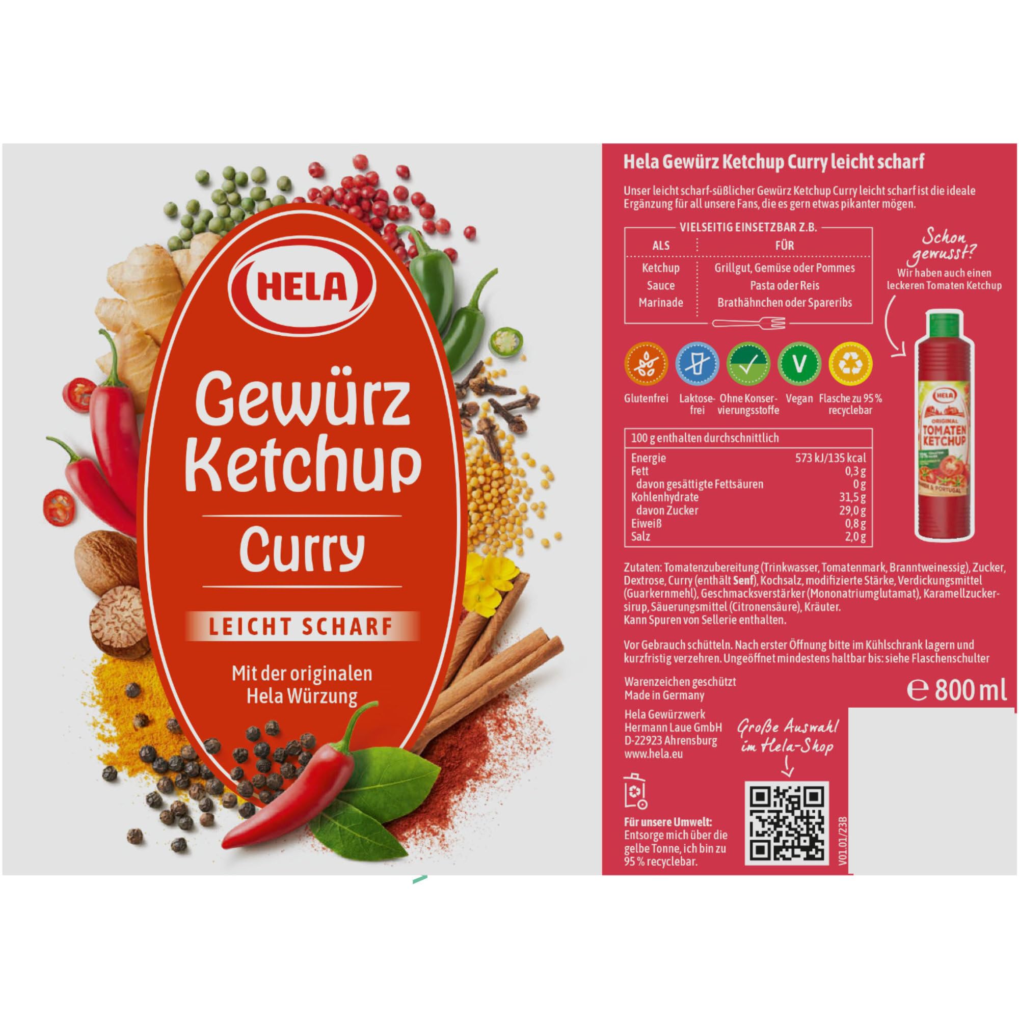 Hela Curry Gewürz Ketchup leicht scharf VPE (12x800ml Flasche) + usy Block