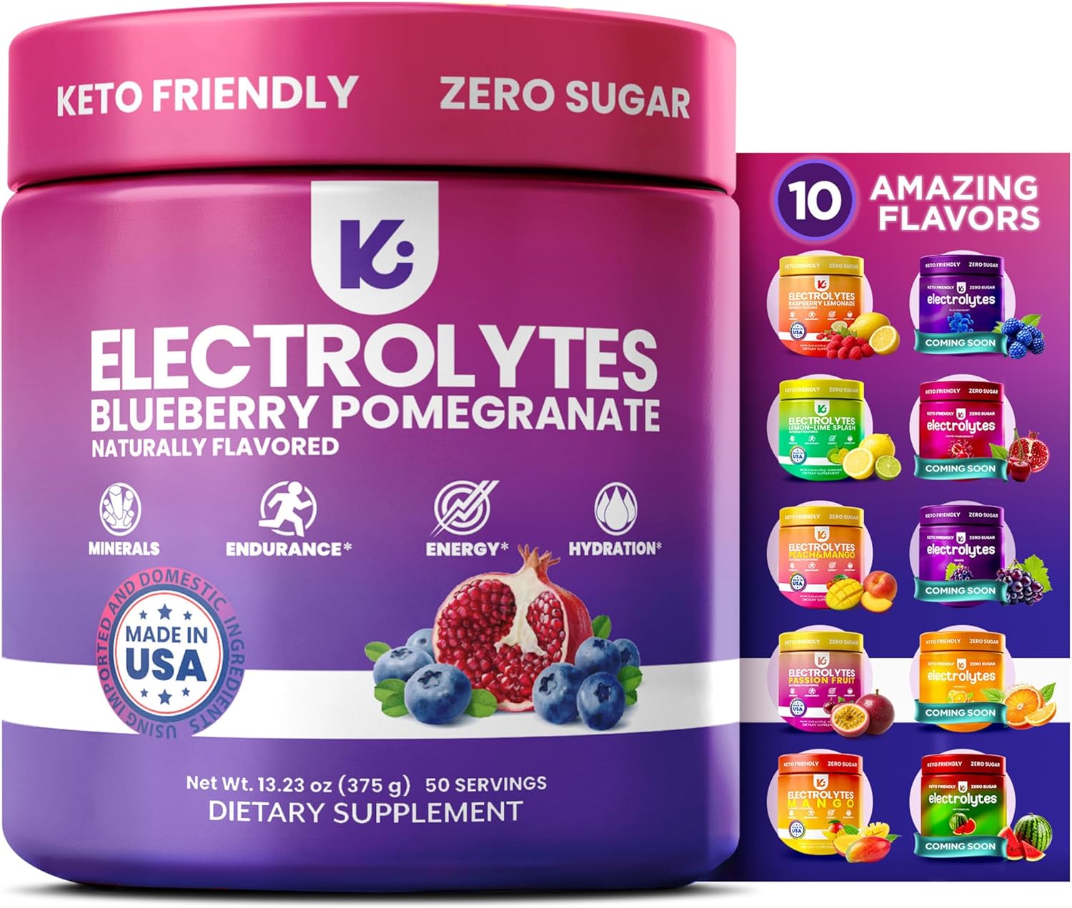 Keppi Electrolytes Powder  Blueberry Pomegranate Flavor 50 Servings  No Sugar Hydration Supplement with Potassium, Magnesium, Sodium  Keto, Vegan, Fasting-Friendly, Zero Calorie Electrolyte Drink