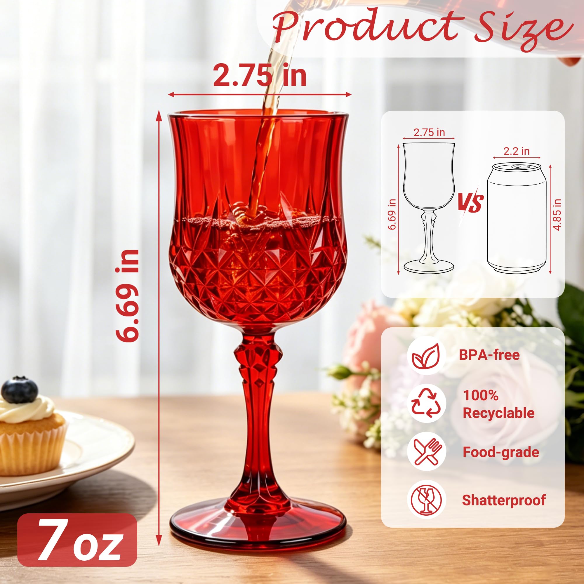 Bicchieri da vino in plastica, calici in plastica, stile vintage, infrangibili, riutilizzabili, per ricevimenti di nozze, grandi eventi (24, rosso)