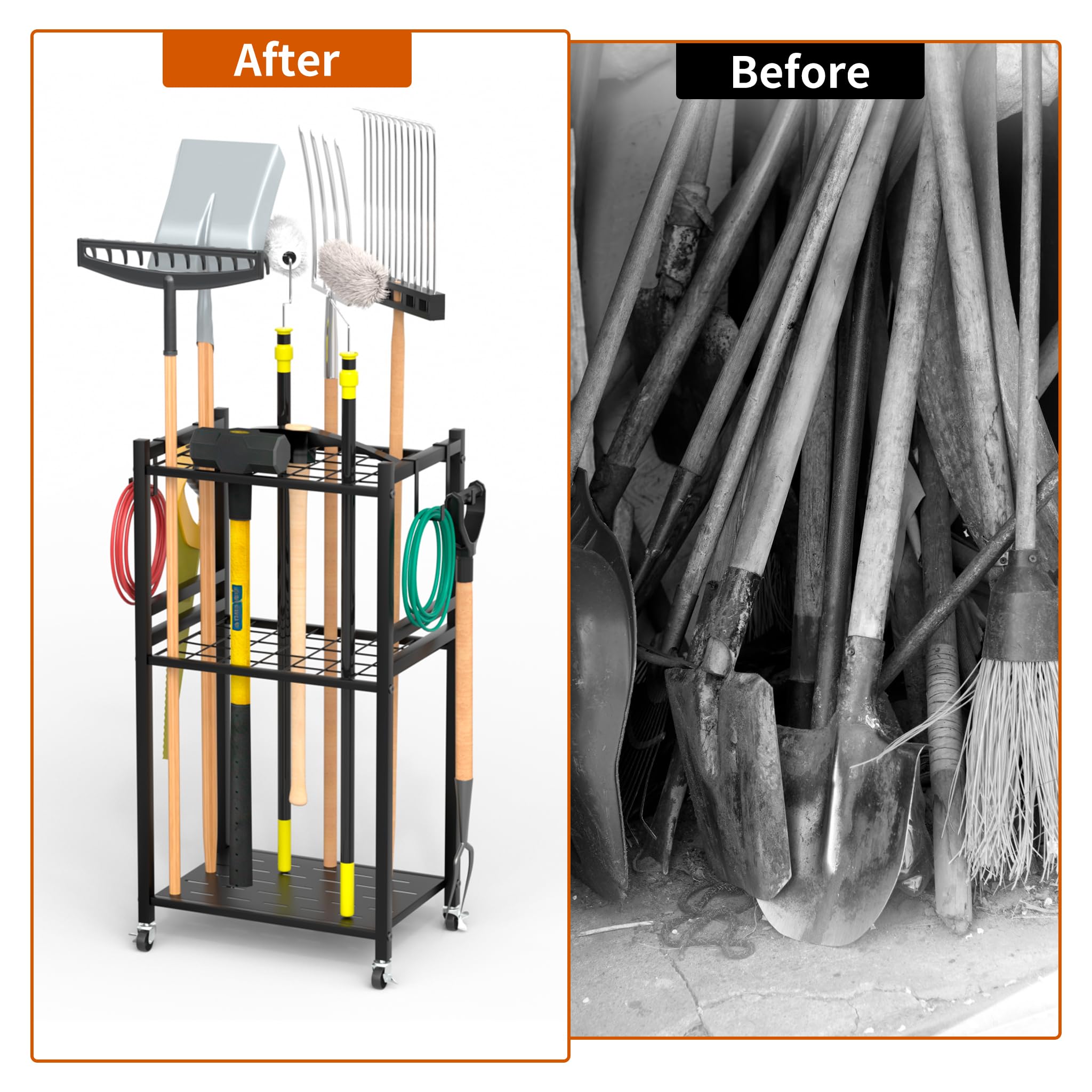 Anvuda Organizer per Attrezzi da Giardino,Porta Attrezzi da Giardino,Supporto Metallo con 3 Livelli e Ruote, Conservazioneper fino a 35 Attrezzi/Scope/Rastrelli a ManicoLungo,42x30x80cm