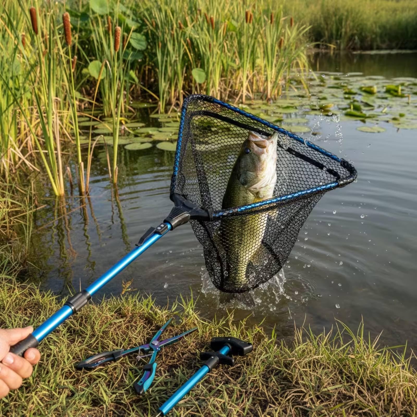 Rete da Pesca Set Rete da Sbarco Guadino Triangolare Pieghevole con Manico Telescopico in Lega di Alluminio E Pinze con Impugnatura Antiscivolo con