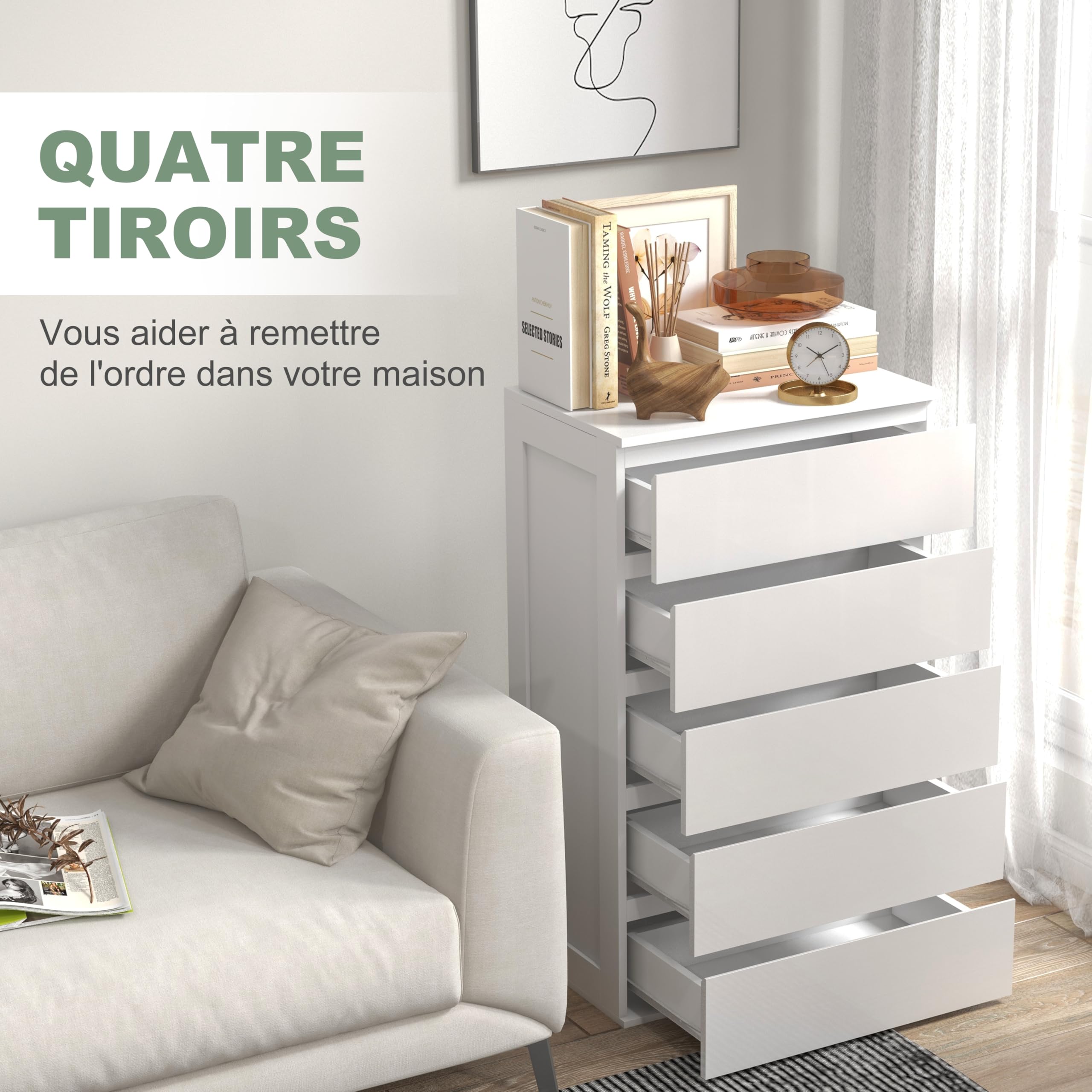 HOMCOM Commode 5 tiroirs, Meuble de Rangement étroit sans poignées, chiffonnier, Style Moderne, Commode pour Chambre à Coucher, Salon, Couloir, 60 x 39 x 100 cm, Blanc