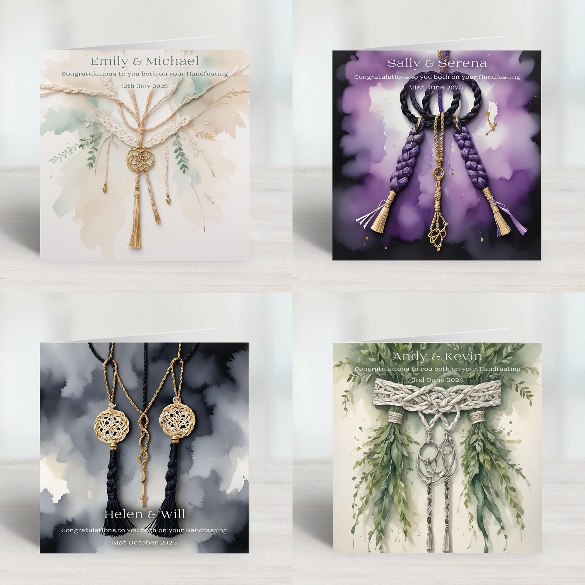 Personalised Handfasting cards for weddings, civil partnerships, civil ceremonies. Beautiful watercolour designs which can be printed with the names of the newlyweds.