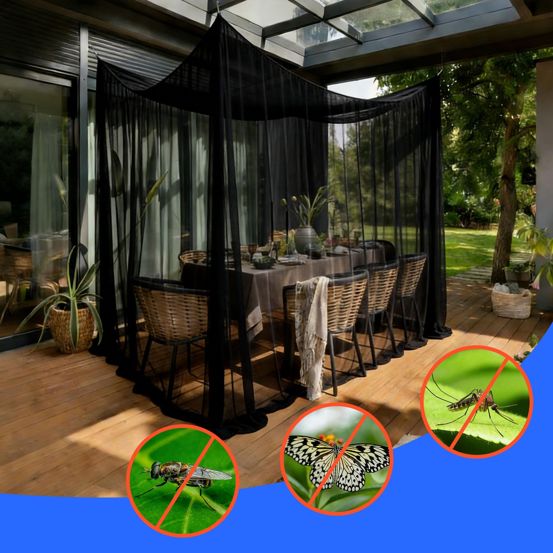 Moskitonetz Outdoor 300x300x250cm, Insektenschutz für Pavillon Garten Terrasse Camping Bett, 220 Mesh Feinmaschig mit 1 Tür (Schwarz)