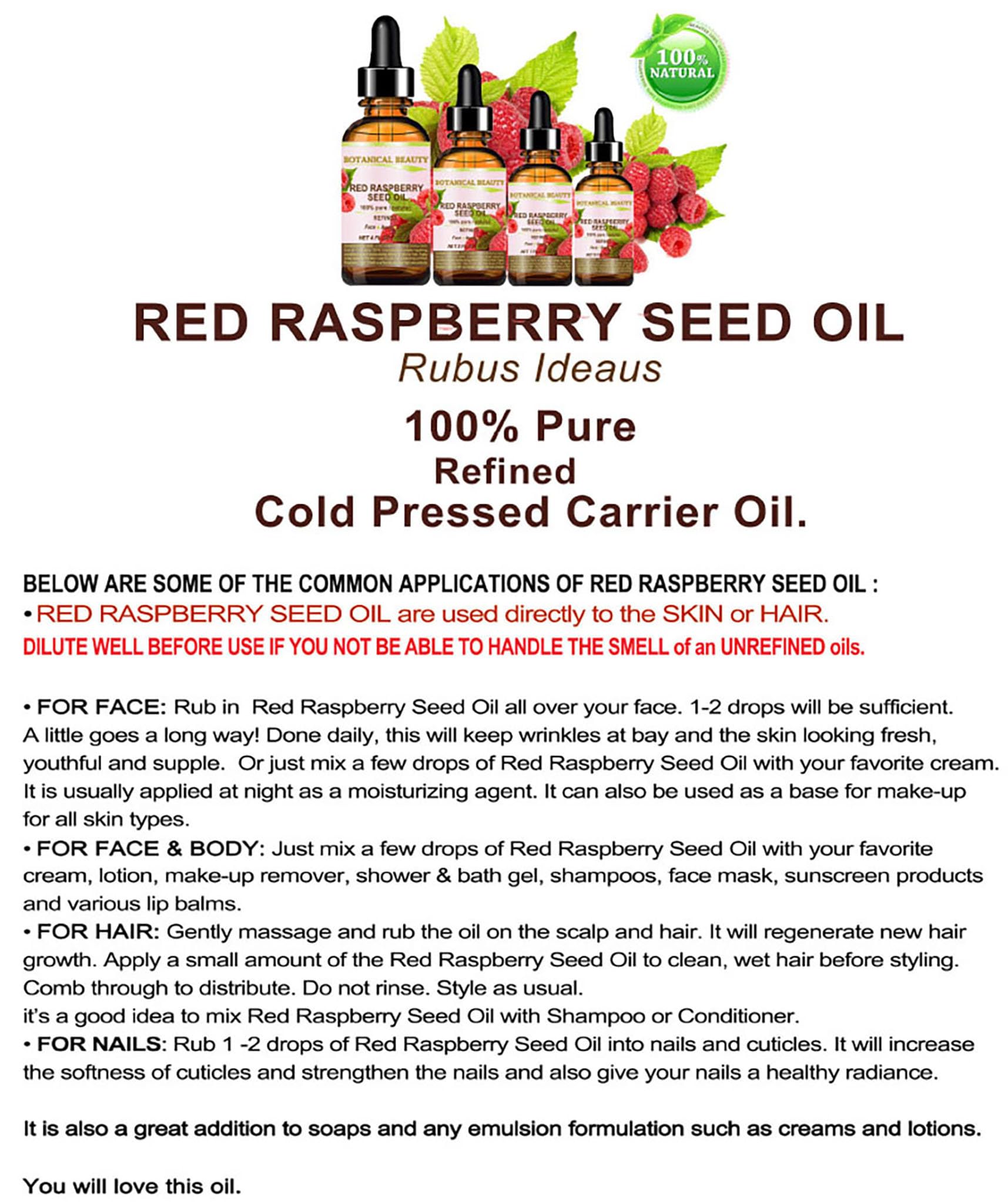 Botanical Beauty Red Raspberry Seed Oil 100% Pure Cold-Pressed Carrier Oil