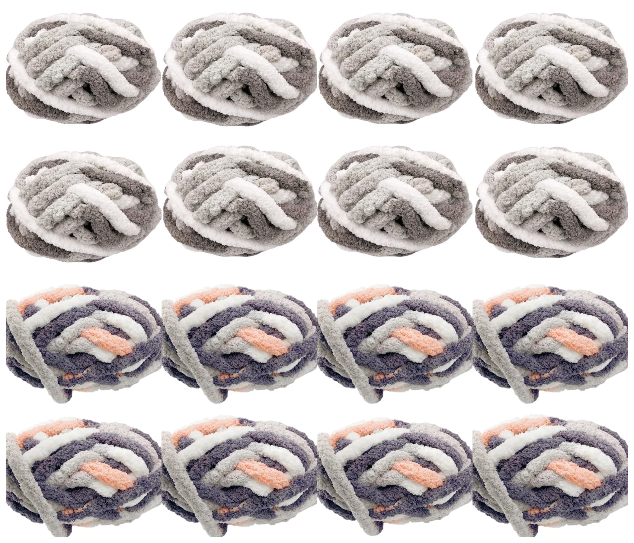 Chunky Chenille Yarn 16 Pack 128oz for Blanket, Multi Gray Pink 8 Pack + Multi Grey White 8 Pack Super Soft Thick Fluffy Jumbo Chunky Chenille-Style Polyester Yarn for Home Décor Projects