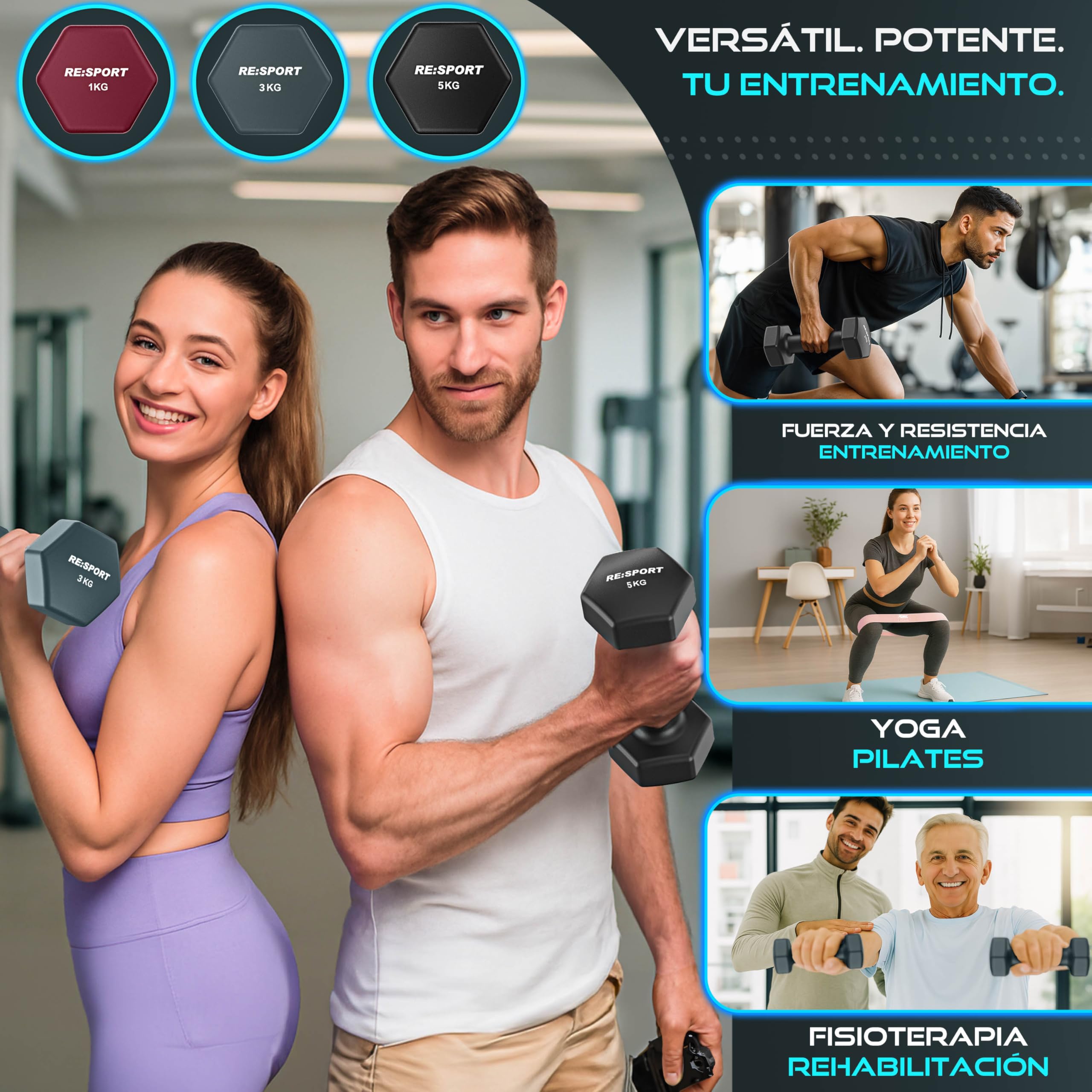 RE:SPORT Juego de mancuernas de 3 pares, 1 kg – 5 kg, 12 kg o 18 kg, con soporte y 3 bandas de fitness, mancuernas antideslizantes de neopreno para hombre y mujer