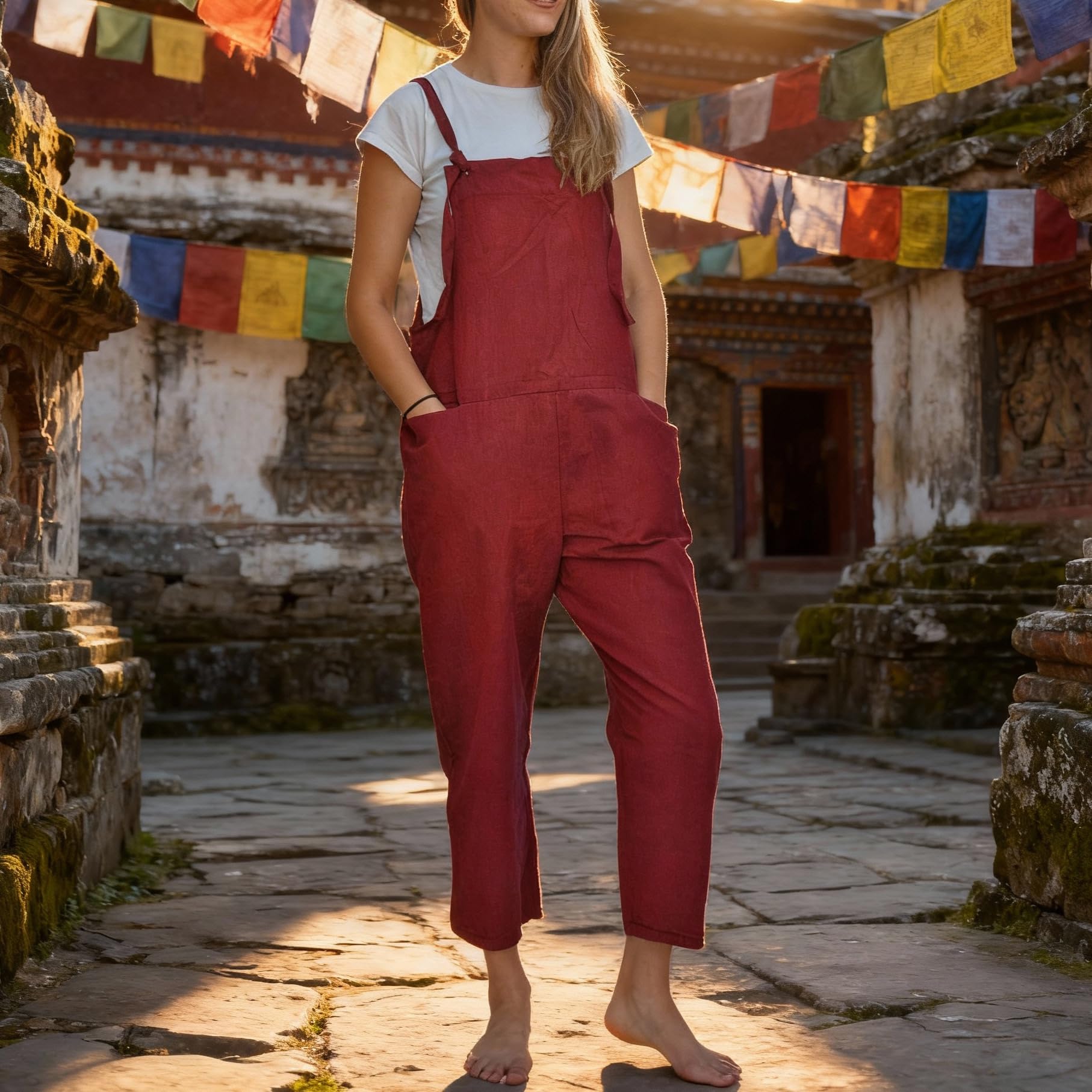 JUNKIRI Salopette Elegante Bohemien in Cotone, Realizzata a Mano in Nepal, Tuta Larga a Gamba Ampia, Jumpsuit, taglia unica